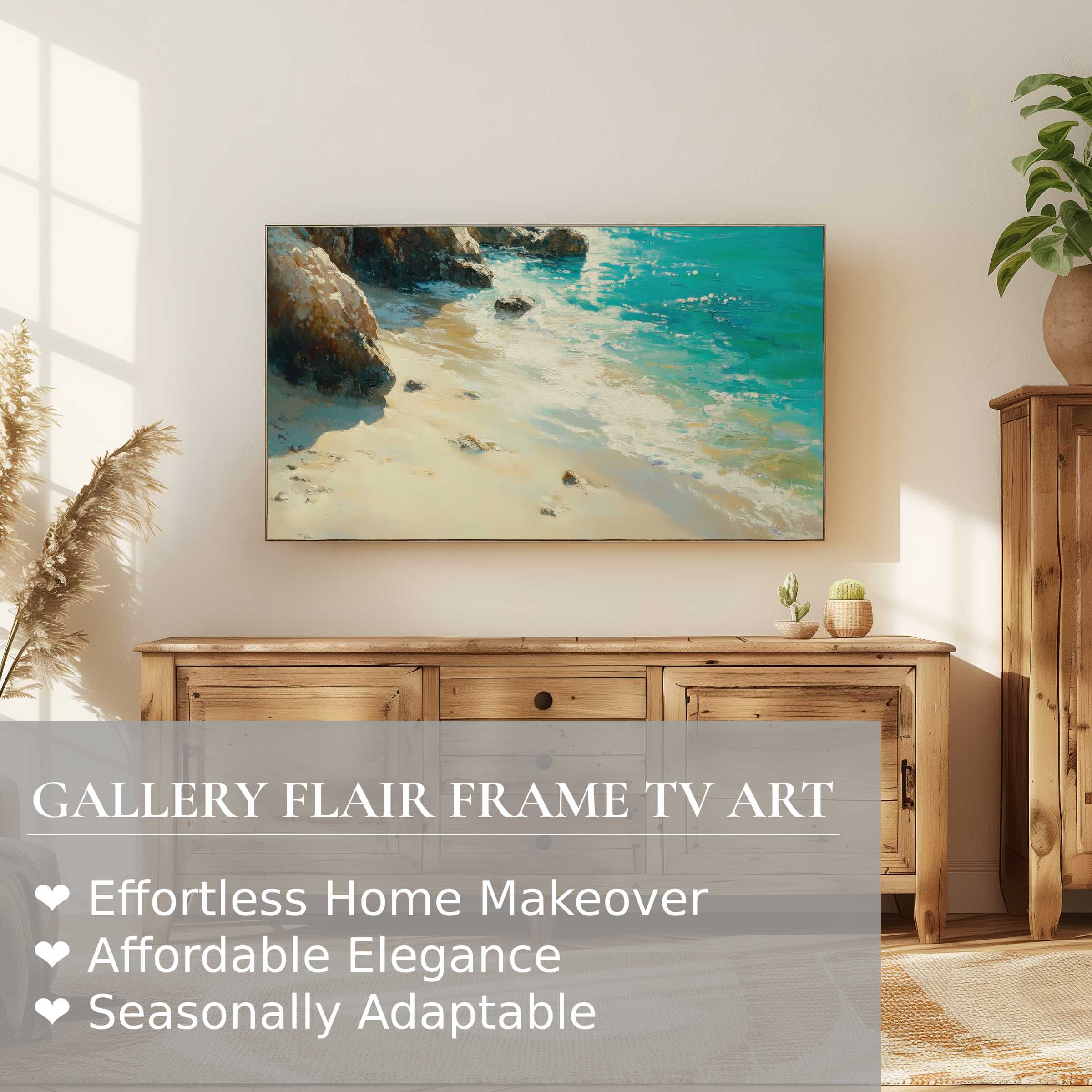 Samsung Frame TV displaying serene beach digital artwork, enhancing modern, sunlit, natural wooden interiors