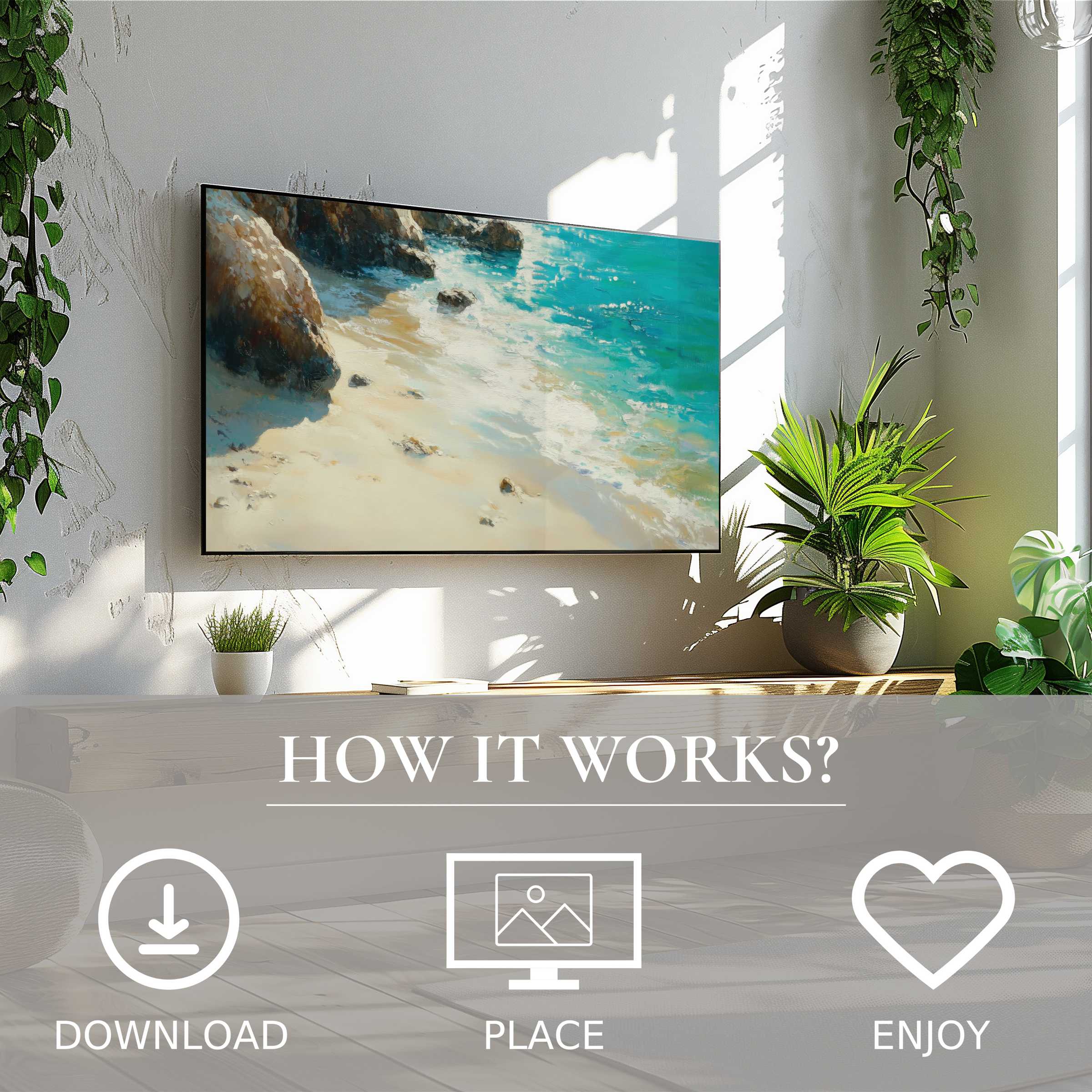 Beach art for Samsung TV shows a serene abstract shore in turquoise tones; easy digital download enriches your modern space