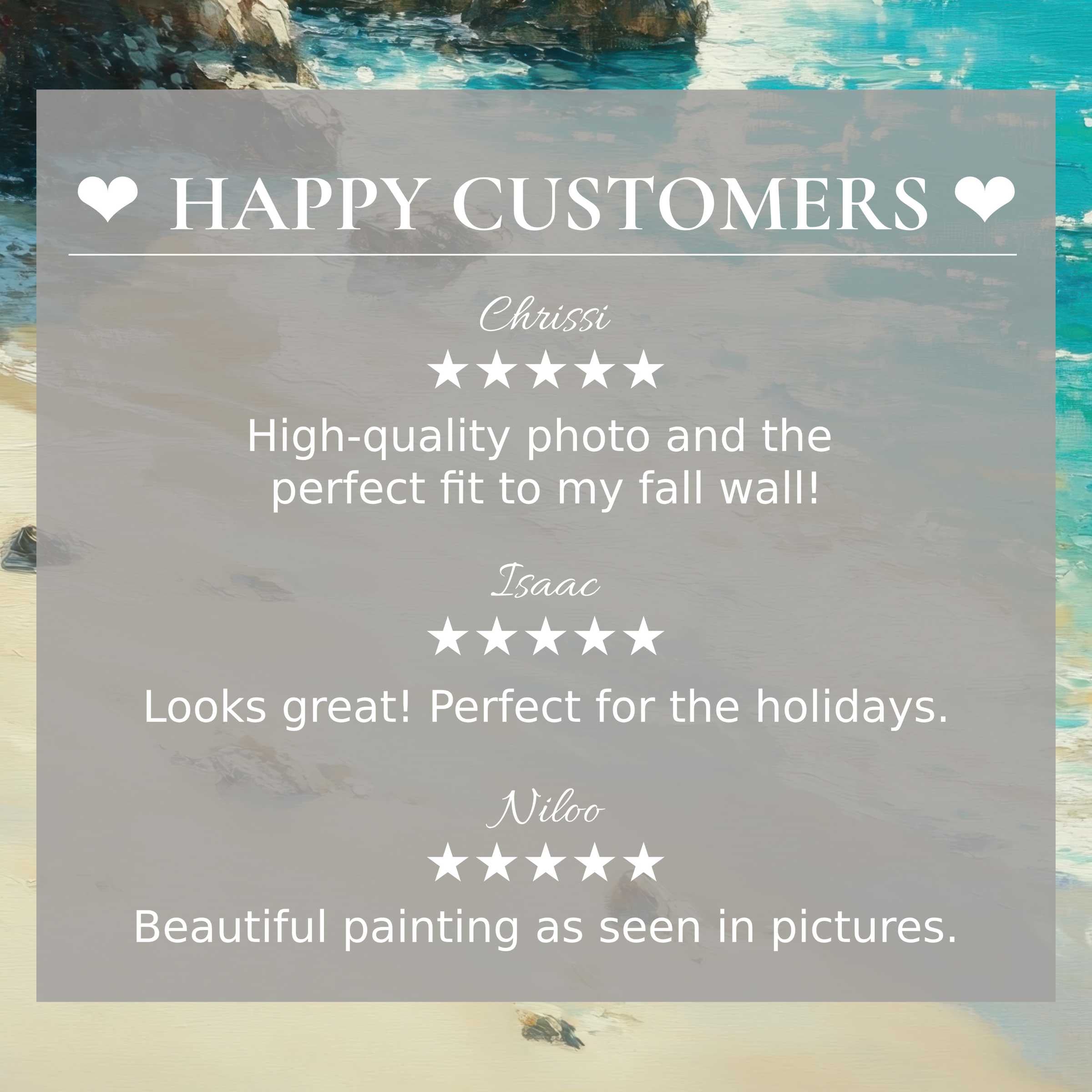 Beach art for Frame TV with abstract sunset hues, featuring happy customer reviews that build trust and elegance