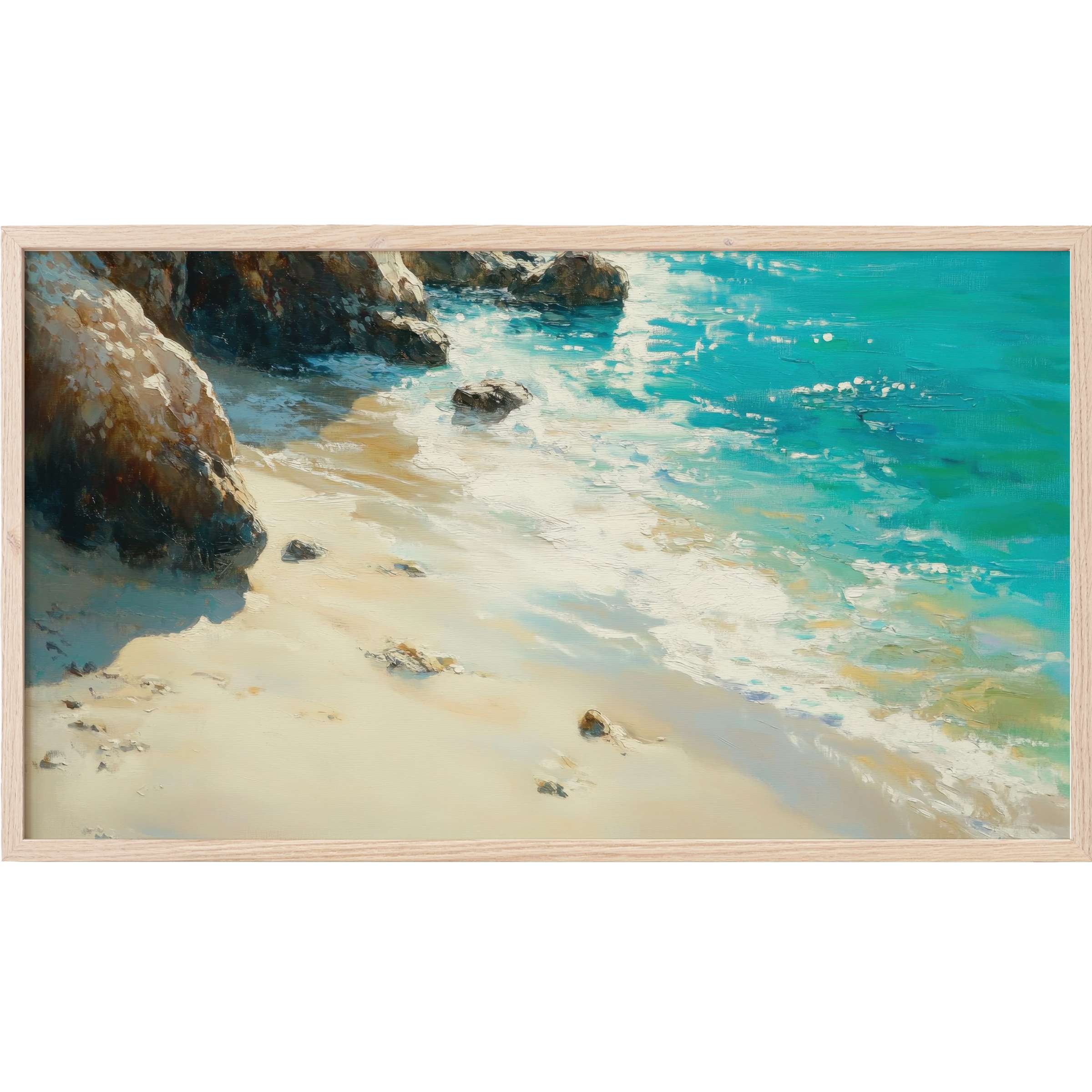 Serene beach scene with turquoise waves and textured rocks in a soft natural palette, beach Frame TV Art