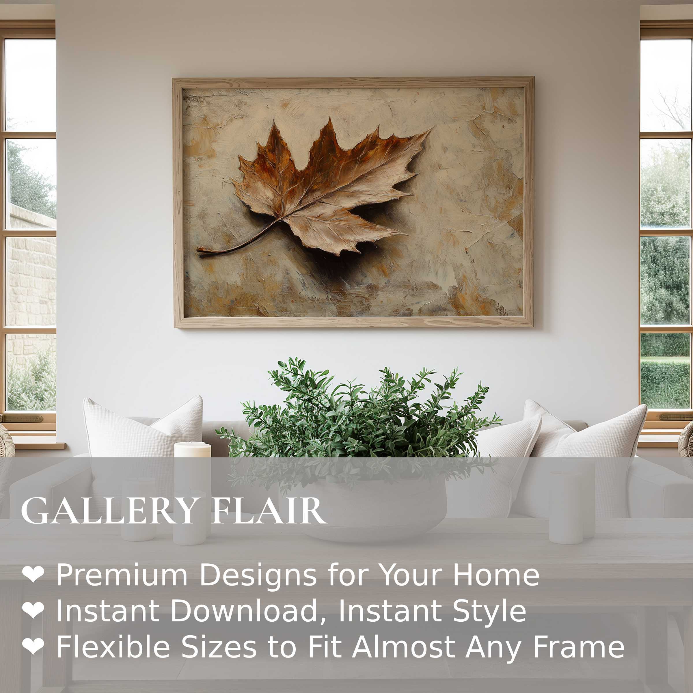 Botanical wall art print featuring a radiant autumn leaf with warm, earthy tones in a serene, modern living space
