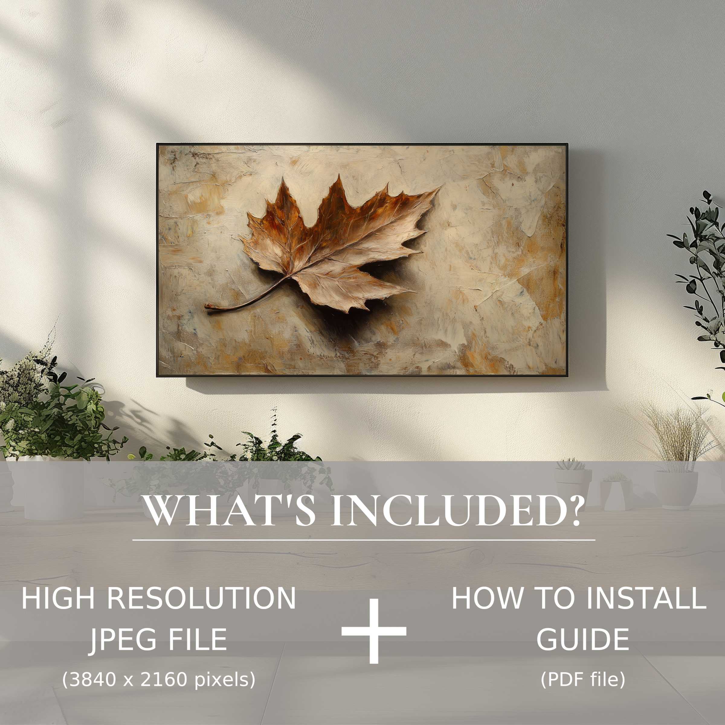 Elegant botanical digital TV art download showcasing a leaf, easily enhancing stylish living spaces with effortless digital use