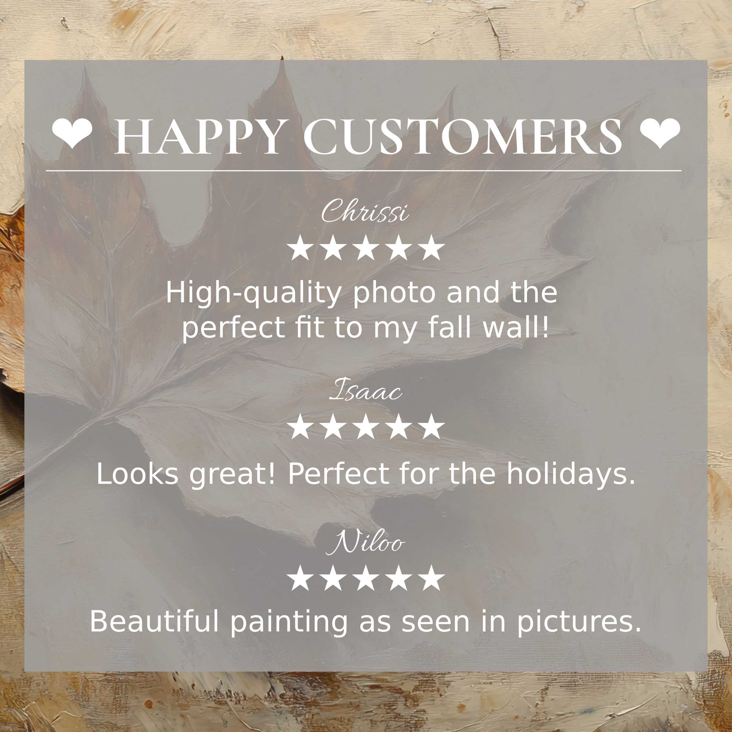 Happy customer reviews highlight botanical art for Frame TV with elegant autumn leaf background trust and style