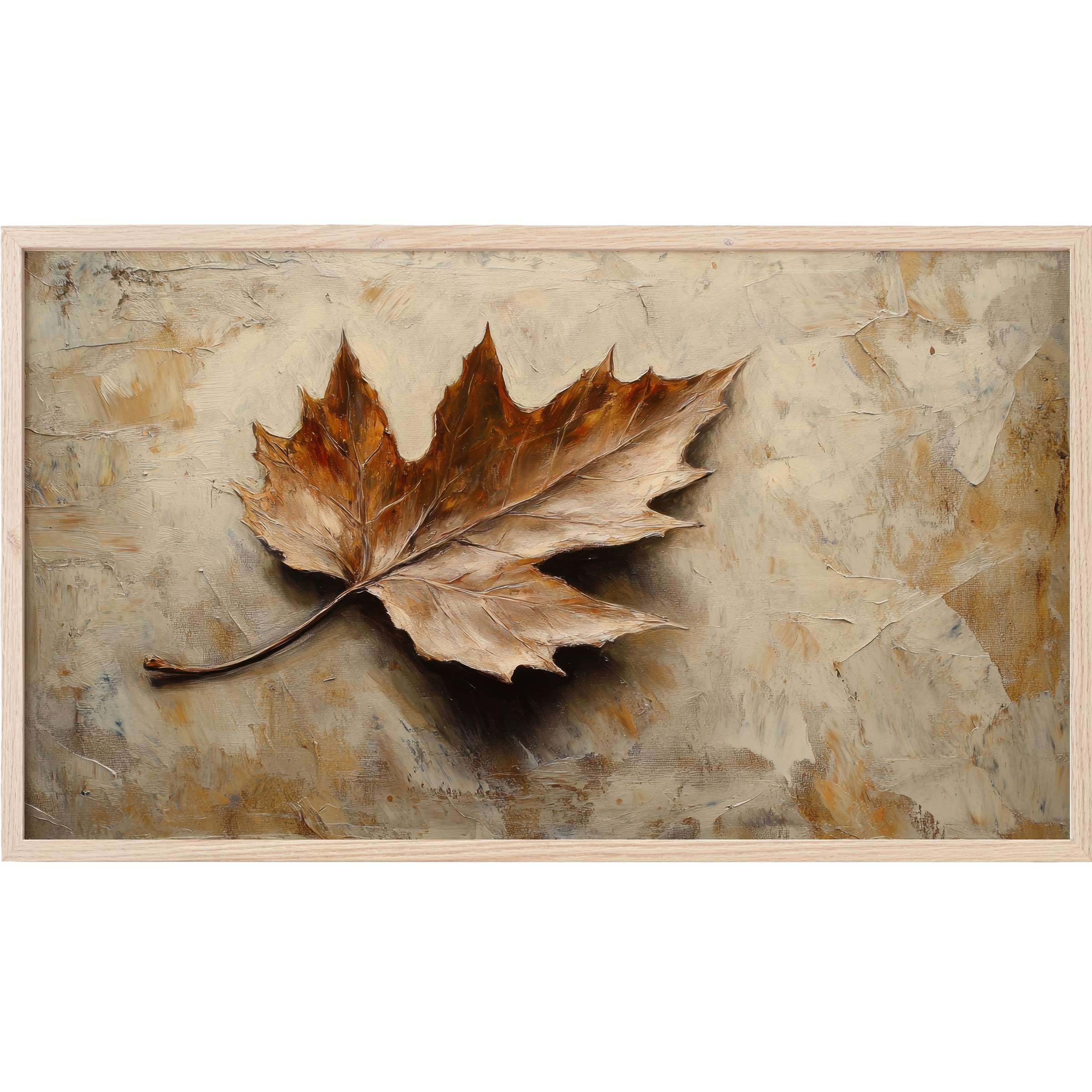 Elegant botanical Frame TV Art featuring a textured brown leaf on a muted beige, abstract background