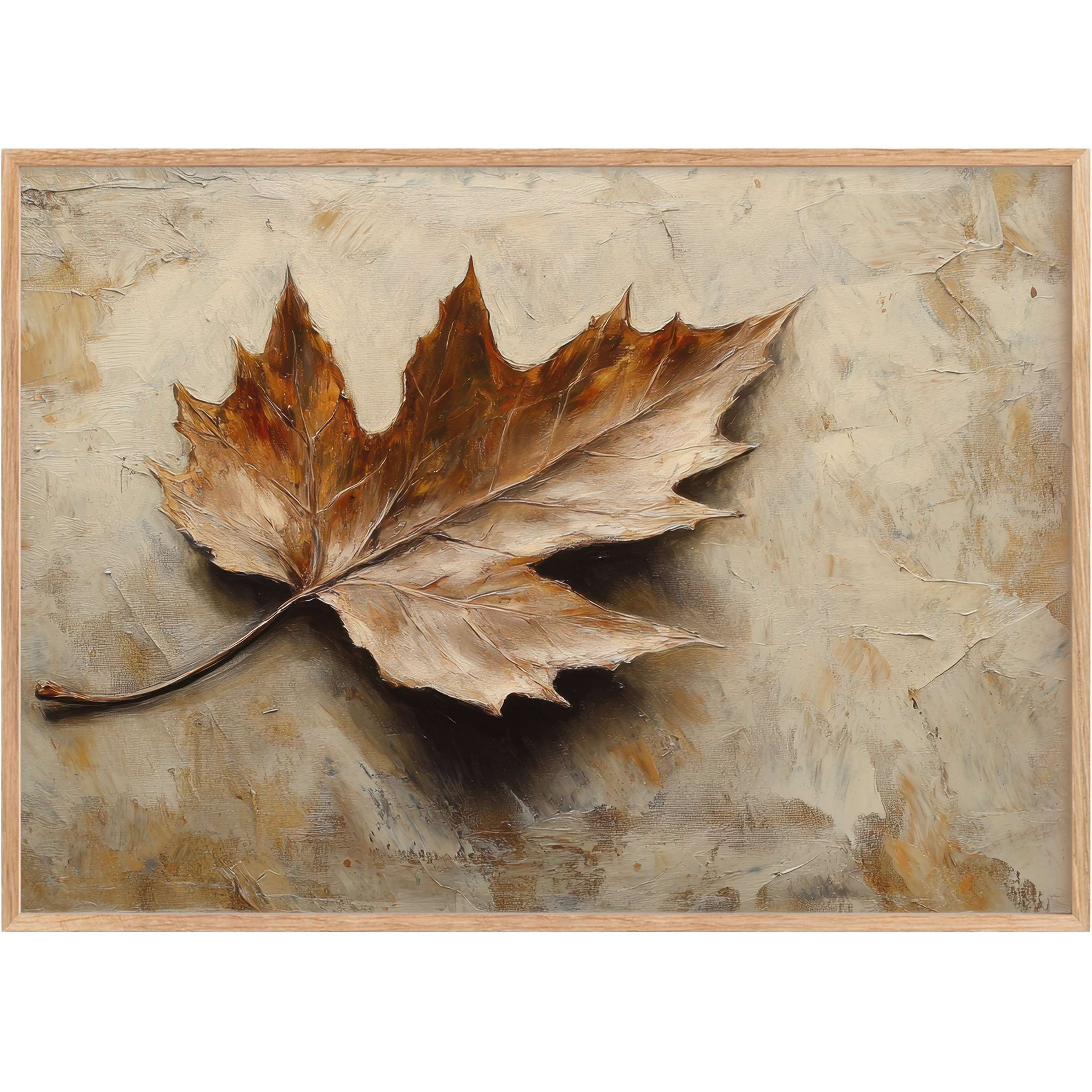 Botanical printable wall art showcasing a rich amber maple leaf with warm earthy tones, evoking timeless elegance and serene autumnal calm