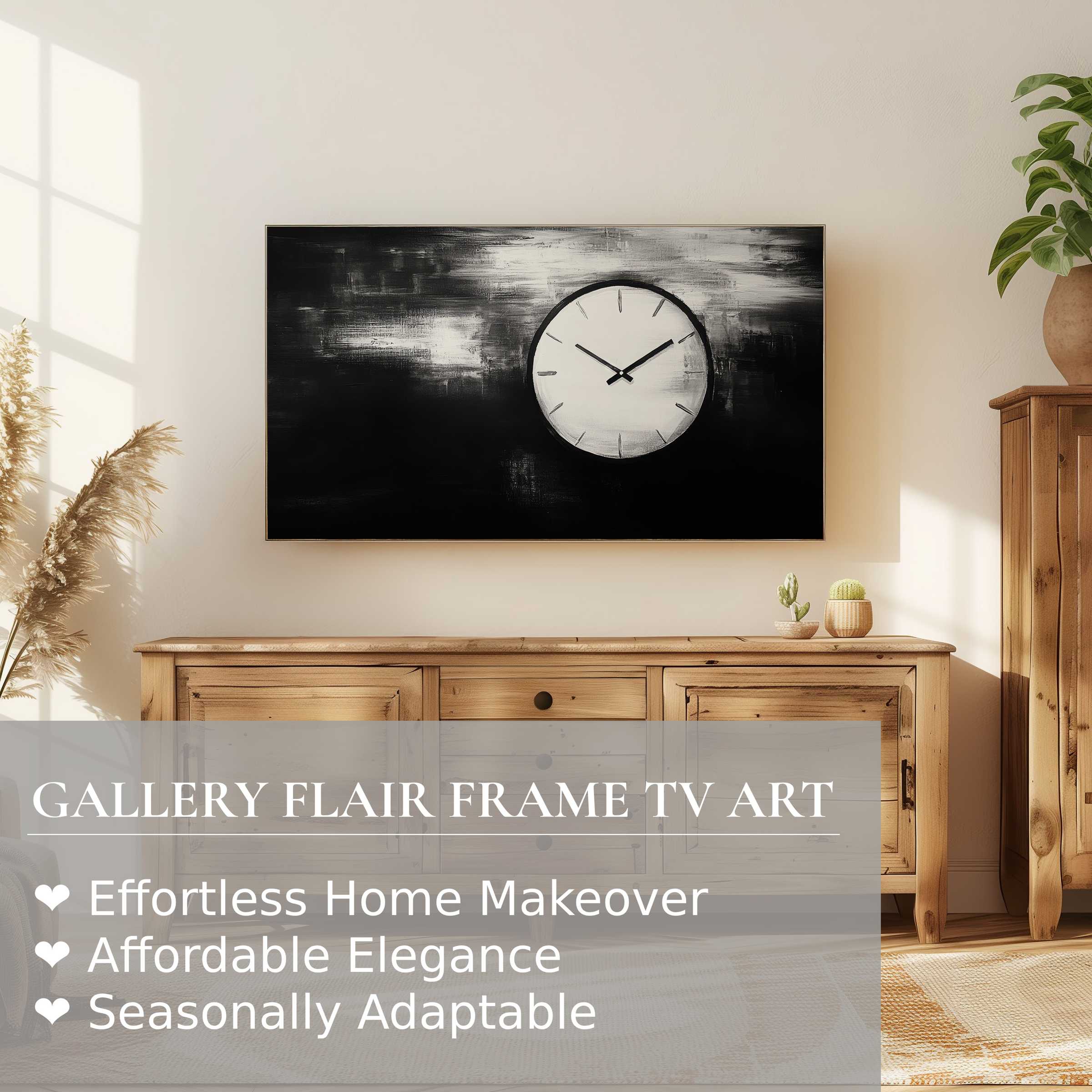 Samsung Frame TV displays black and white digital artwork of a modern clock in an elegant, warm living room setting