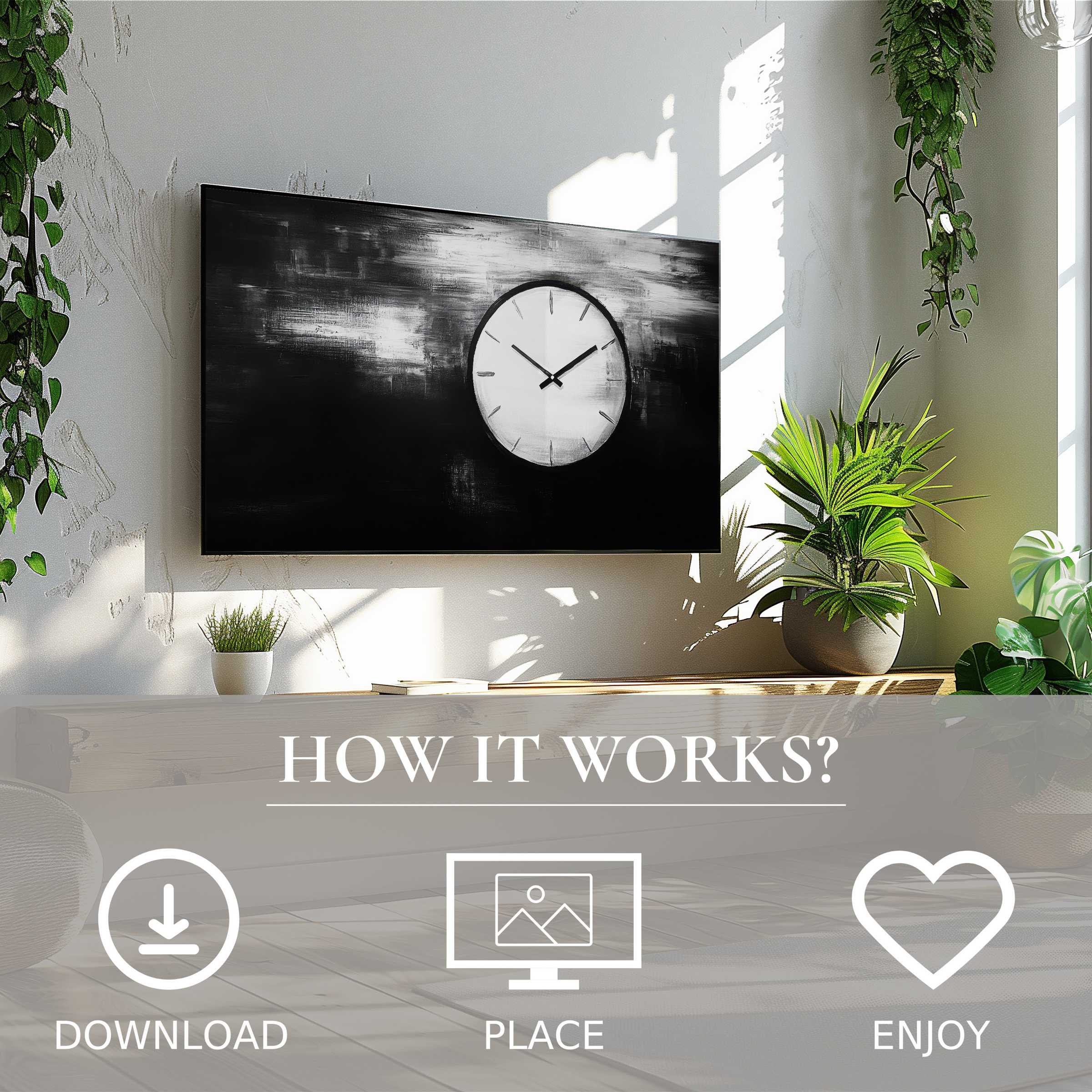Modern living room with black and white art for Samsung TV, featuring an abstract clock motif, easy digital download