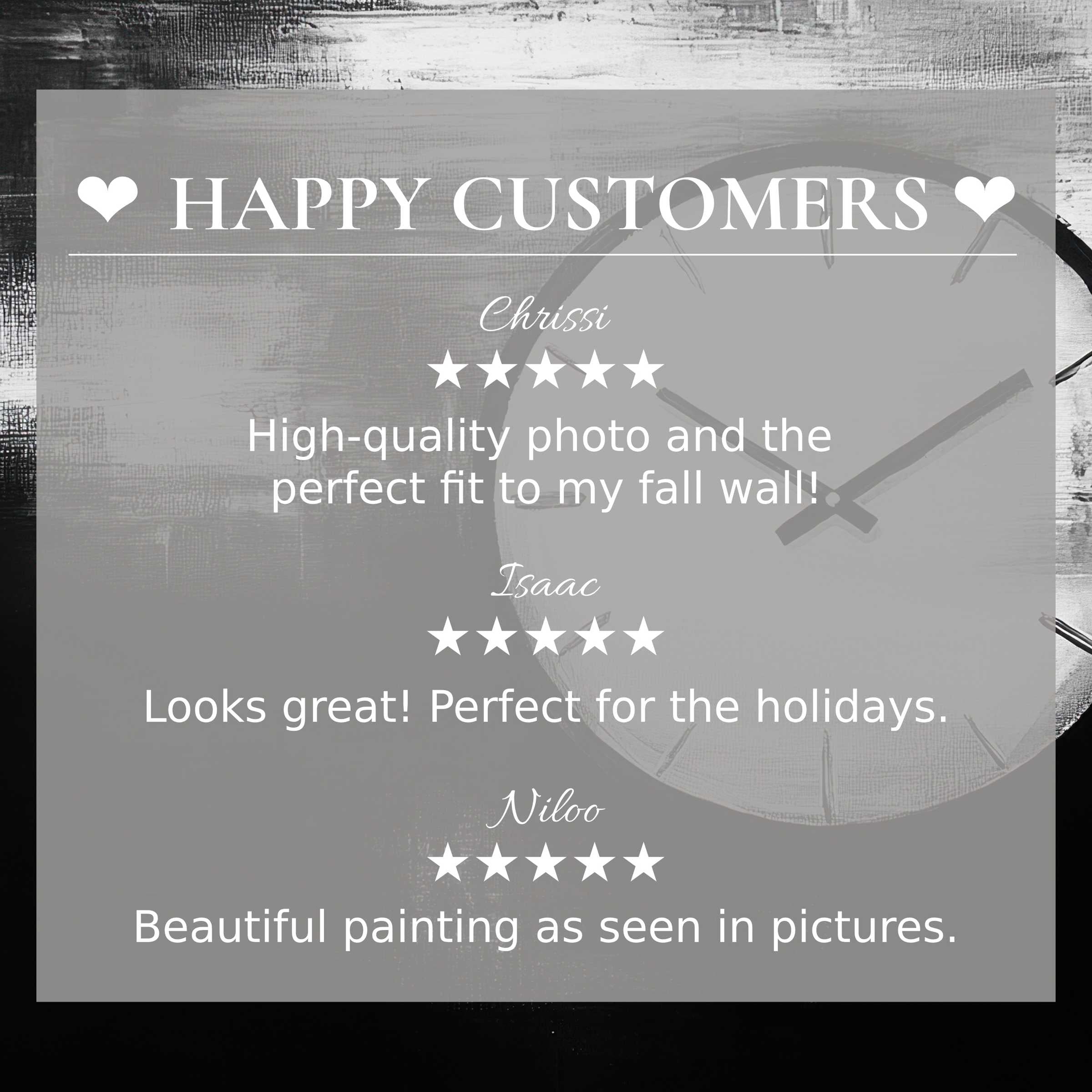 Elegant black and white art for Frame TV with abstract clock background, showcasing happy customer reviews and refined trust