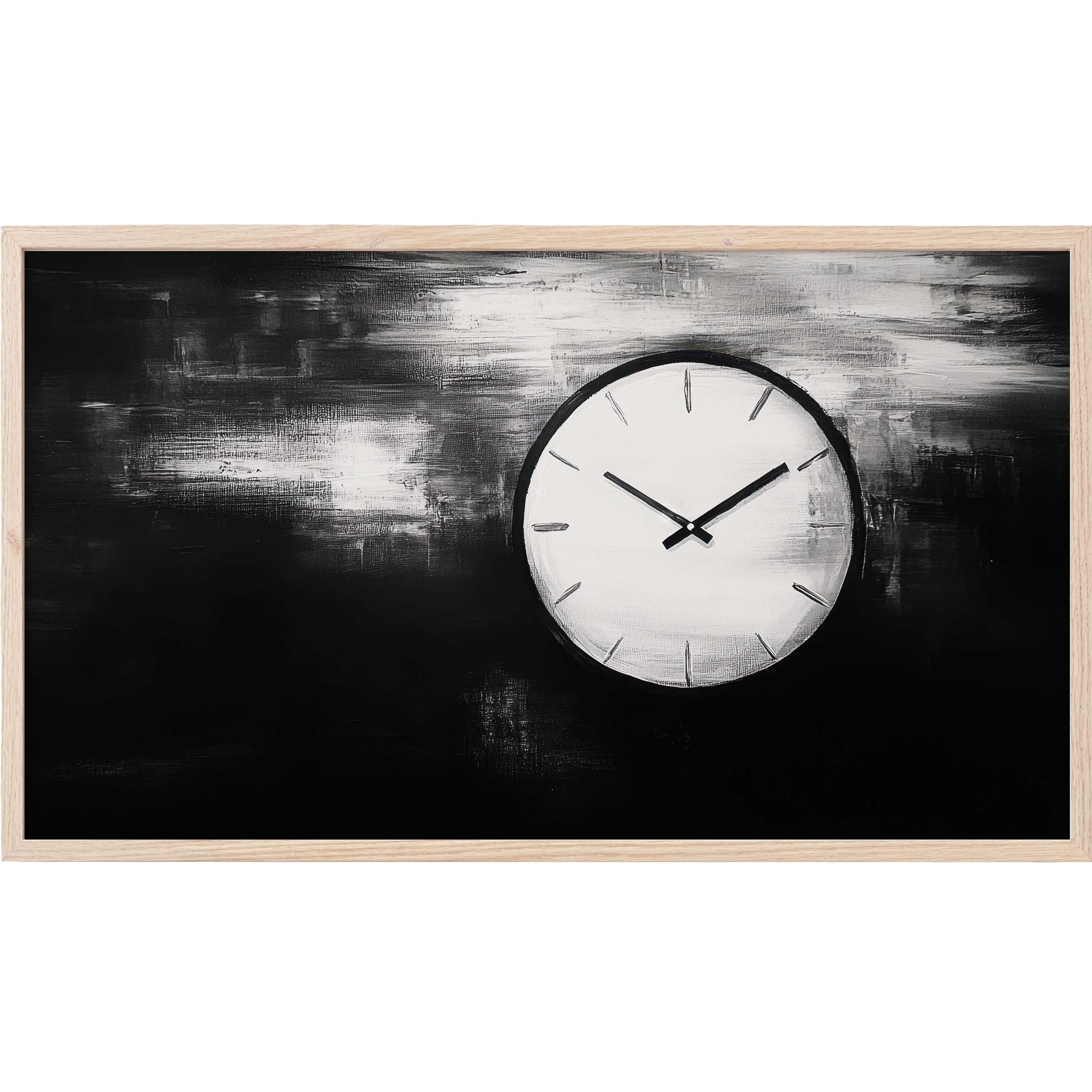 Elegant black and white Frame TV Art featuring a textured abstract background and a minimalist clock face