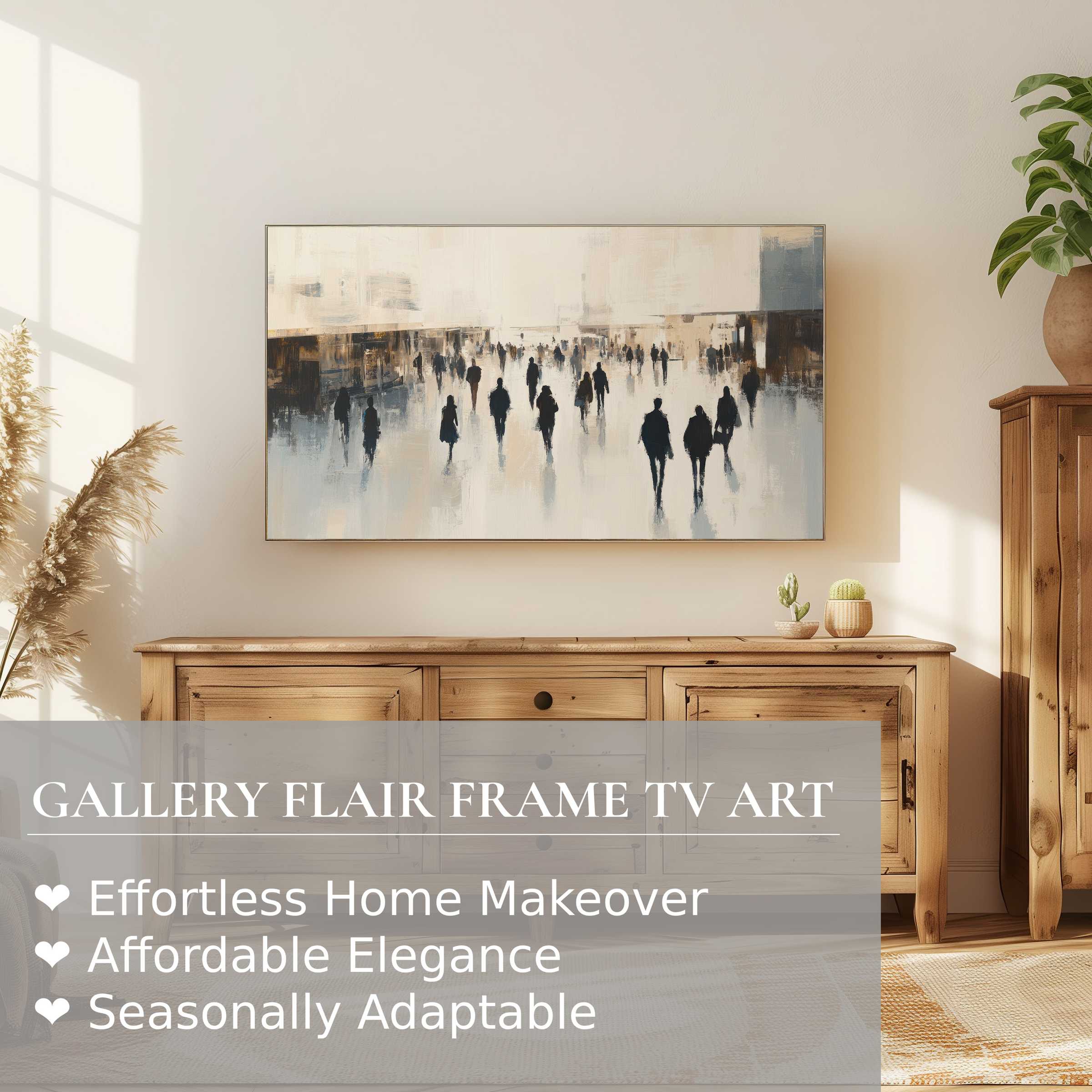 Minimalist living room featuring warm wood and a Samsung Frame TV displaying elegant urban digital artwork