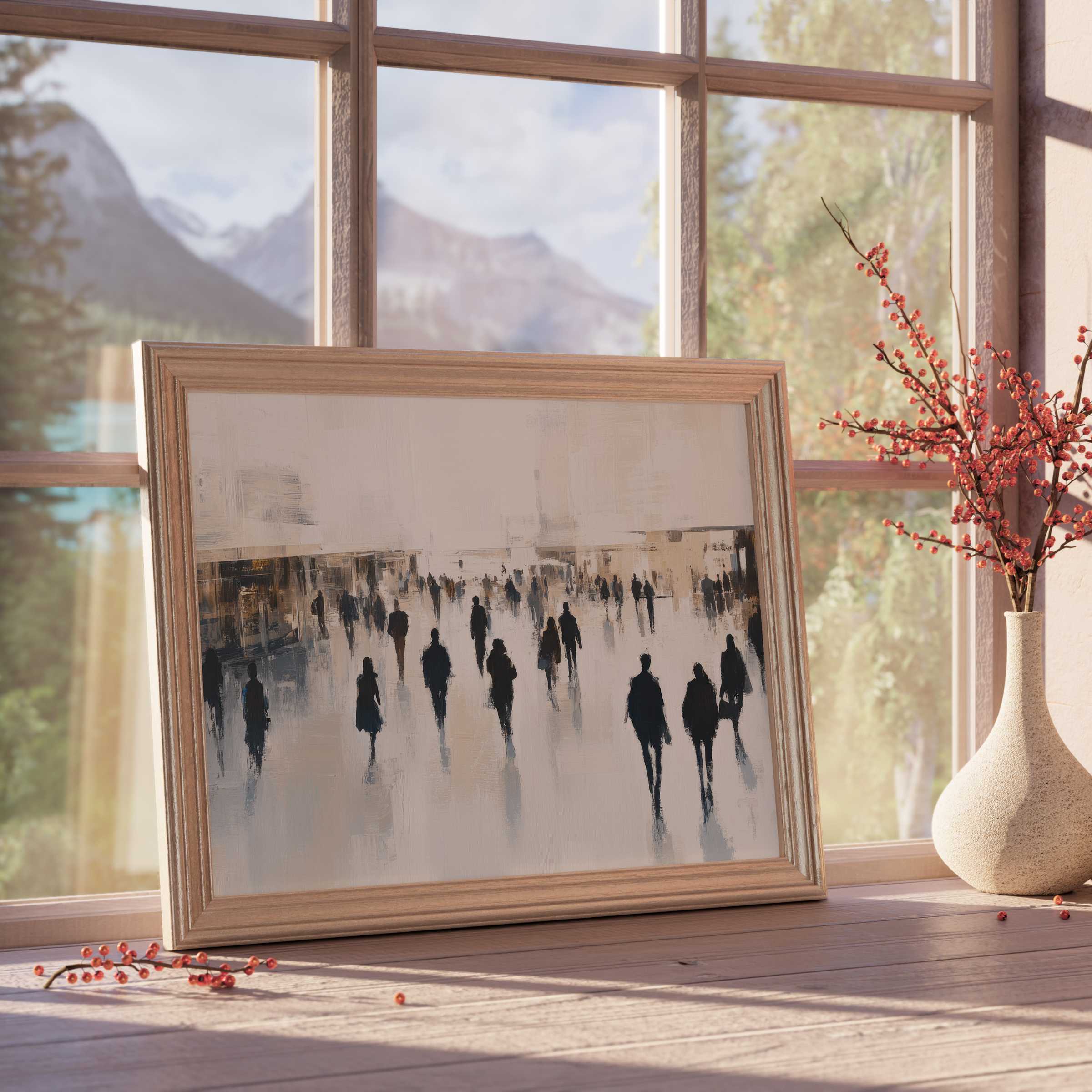 Urban downloadable art capturing dynamic city silhouettes in warm neutrals, perfect for curated, tranquil, design-forward interiors