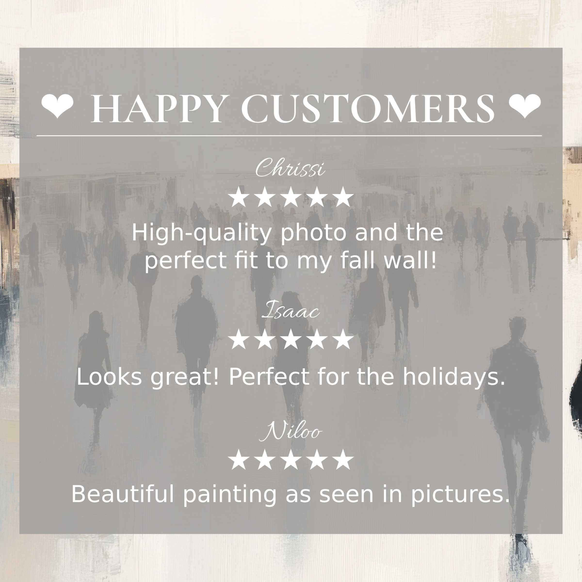 Urban art for Frame TV with abstract crowd silhouettes, showcasing a happy customer and trusted elegant reviews