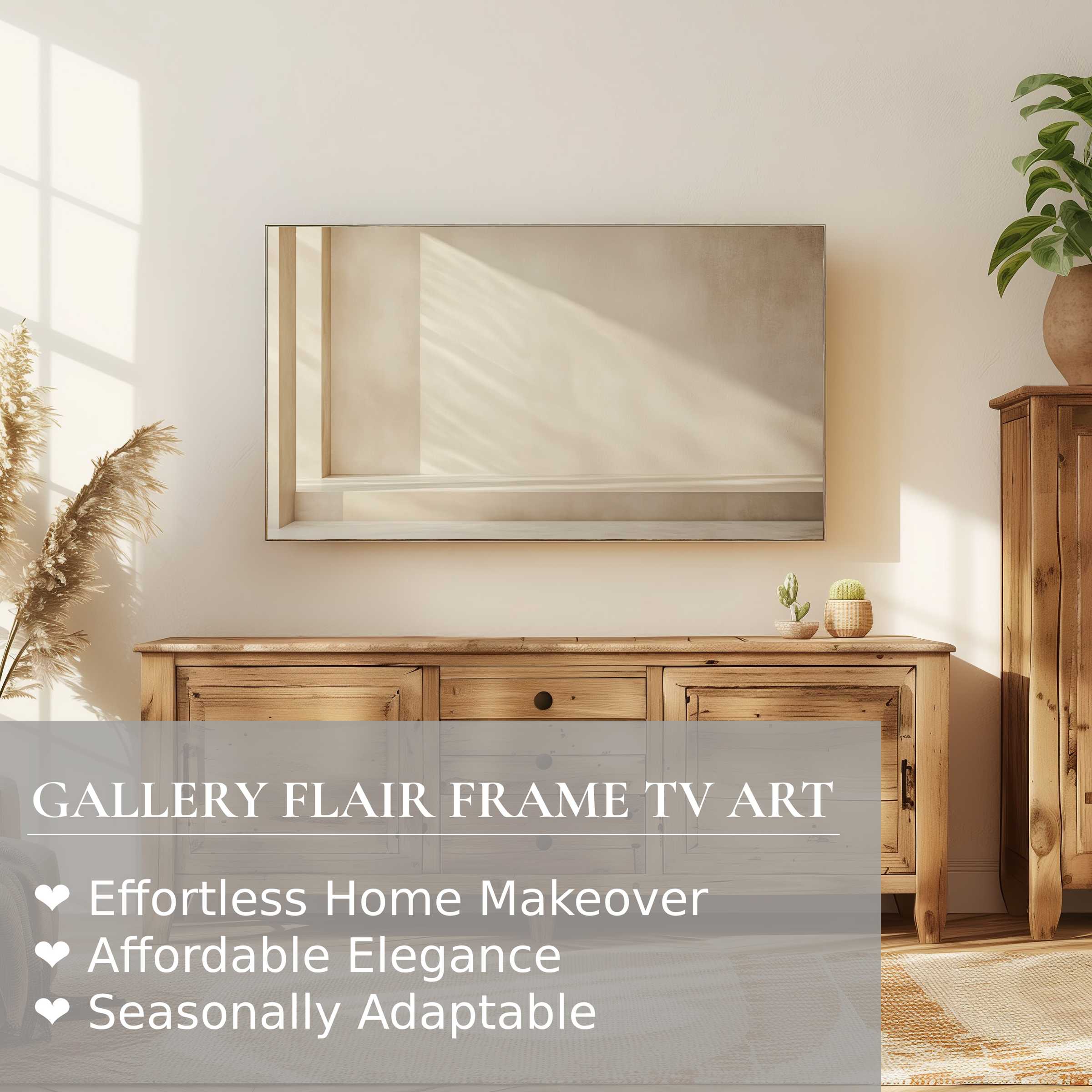 Samsung Frame TV in a serene room with neutral digital artwork, warm wood tones, and refined modern decor