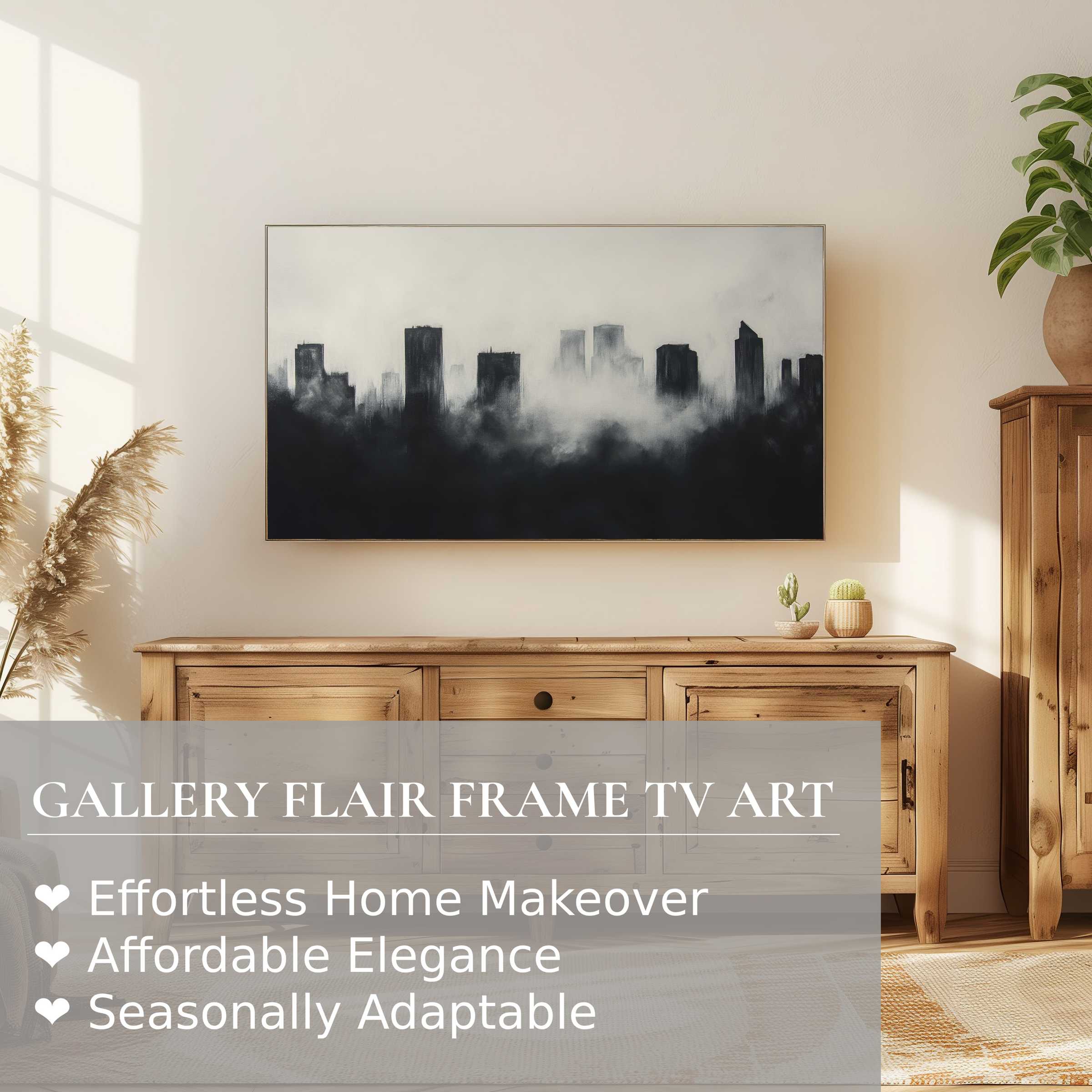 Samsung Frame TV displaying modern digital artwork of a misty urban skyline in a warm, elegant living space