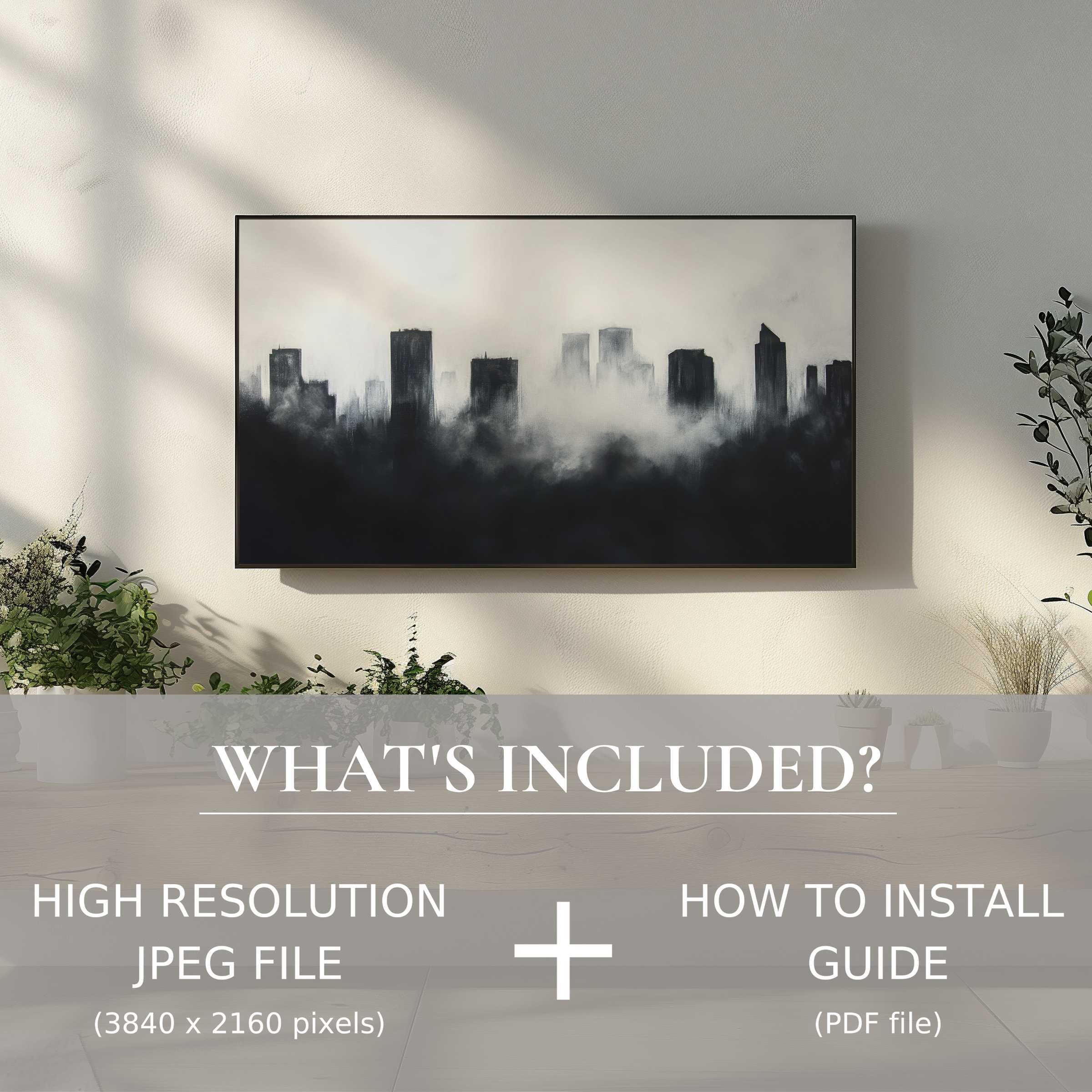 Elegant living room with modern digital TV art download, enhancing space with easy-to-use high-res cityscape JPEG