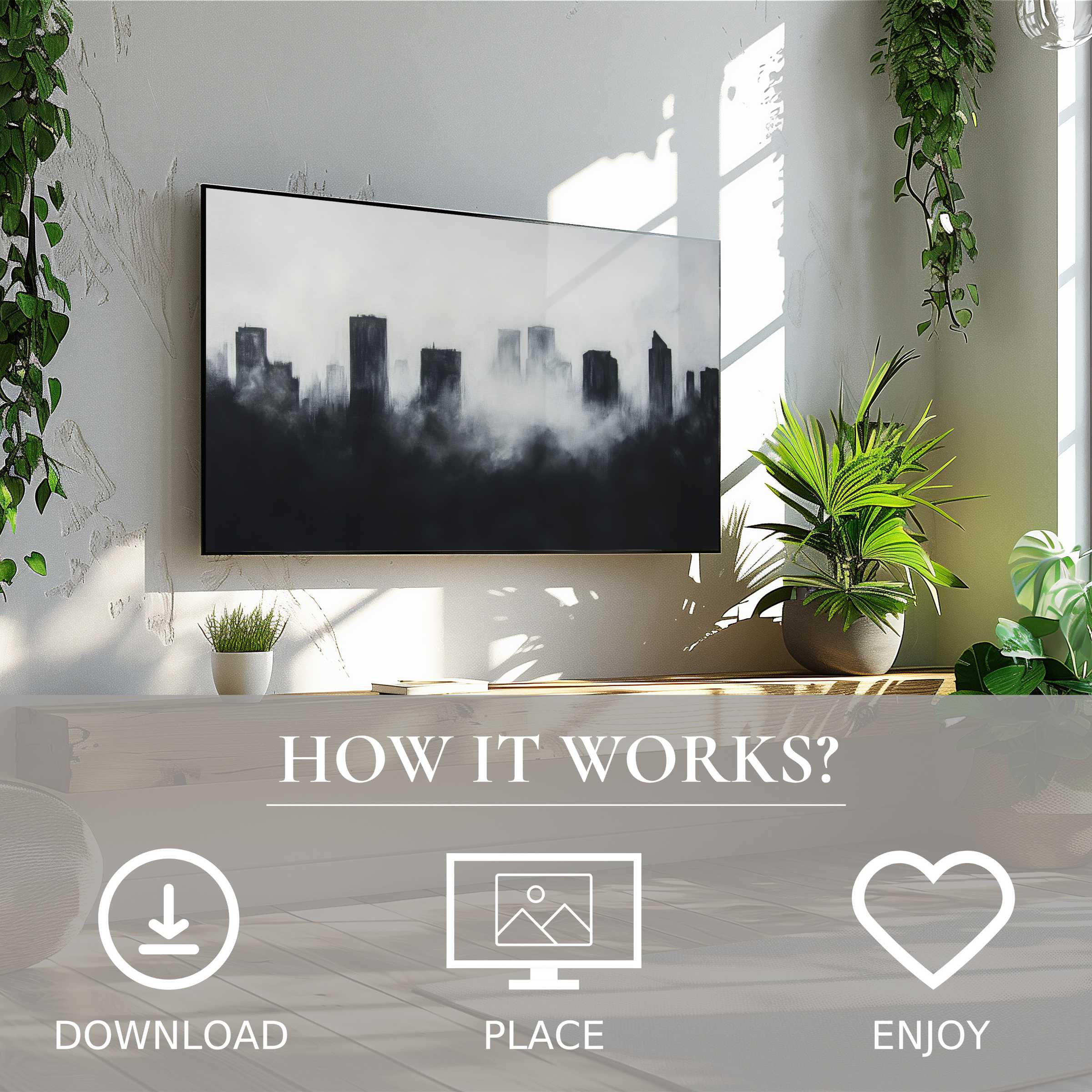 Modern art for Samsung TV shows a misty cityscape in grayscale, easy digital download enriches sleek, plant-filled living space