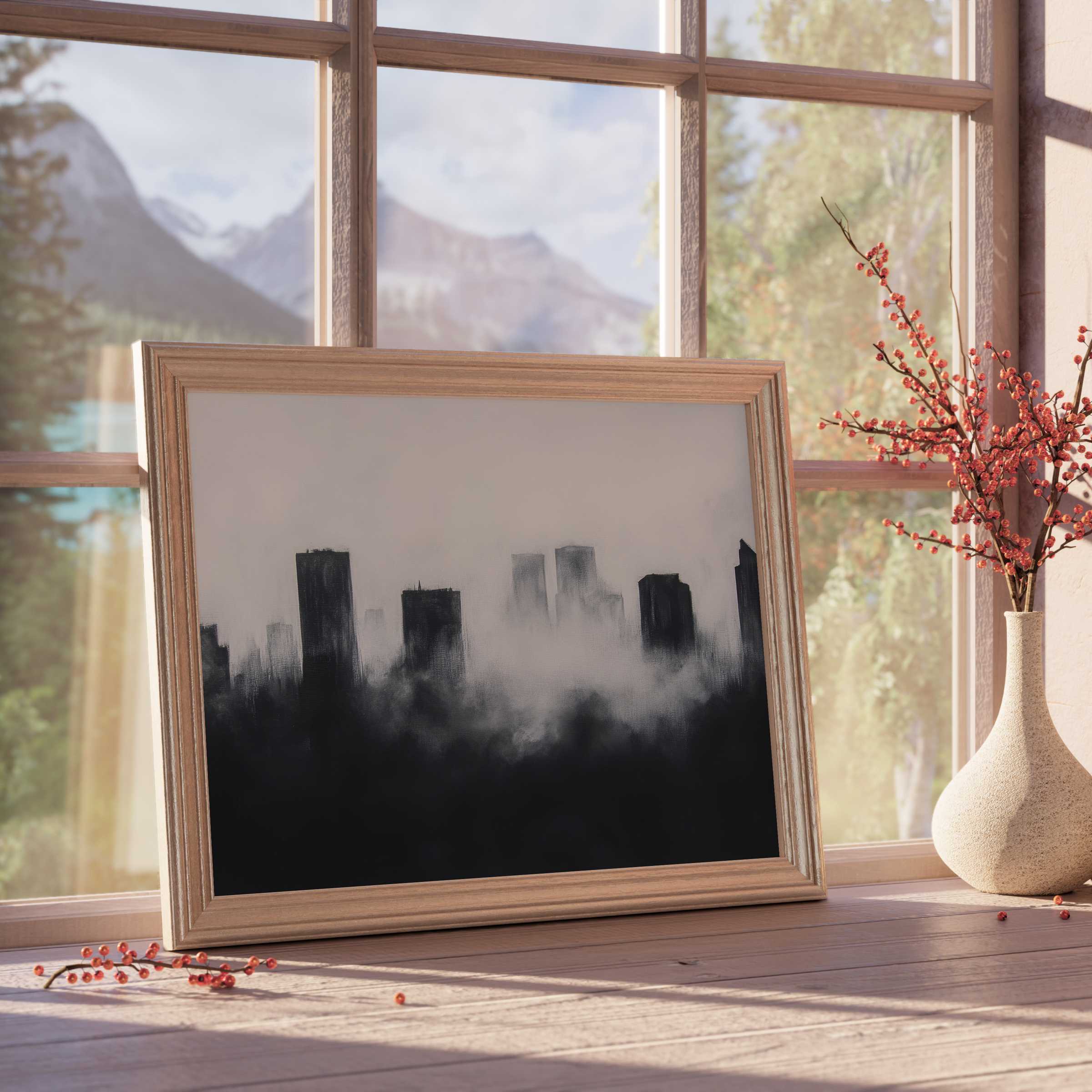 Modern downloadable art featuring a serene monochrome city skyline in mist, perfect for elevating tranquil, design-forward interiors