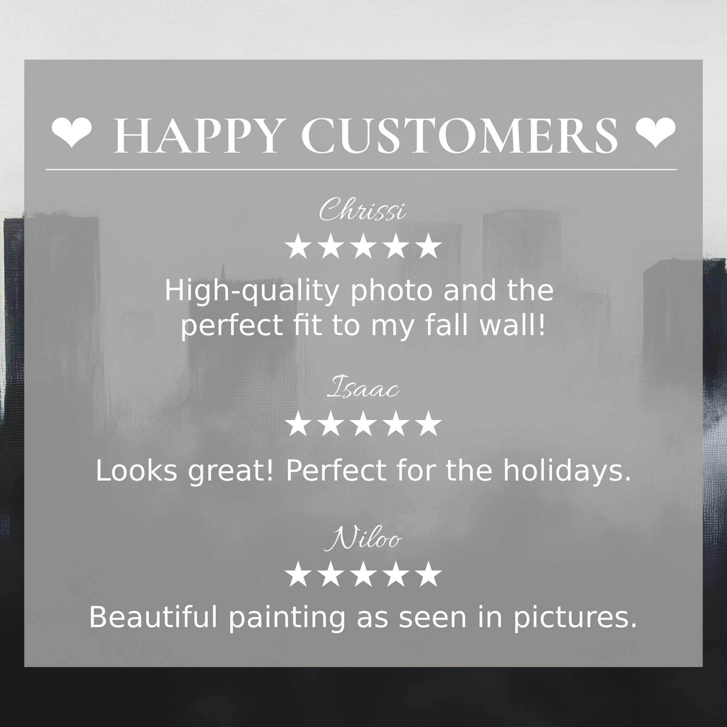 Refined modern art for Frame TV with abstract smoky cityscape; happy customer reviews build trust and elegance