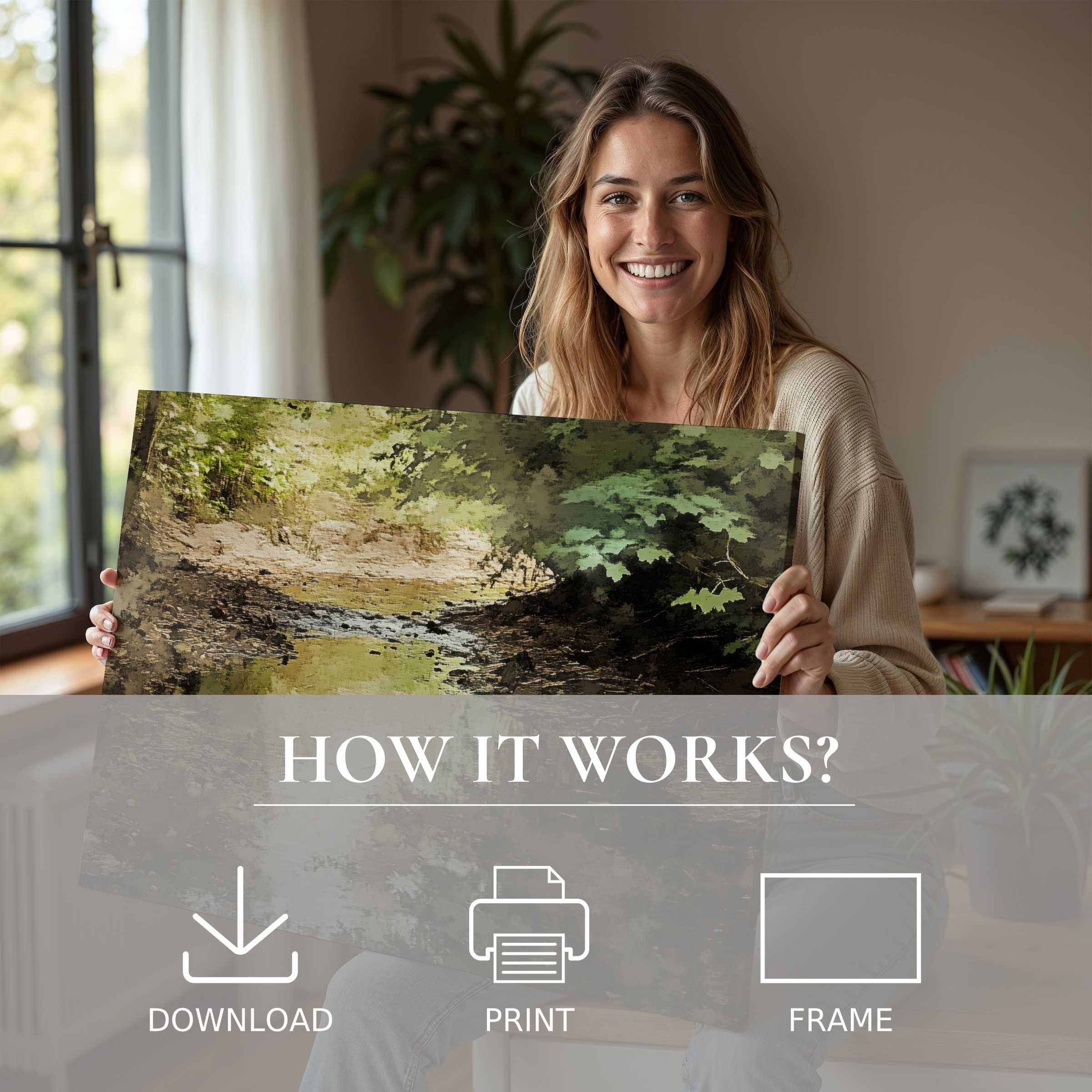 Refined vintage digital art print radiates serene woodland hues, inspiring joy and effortless elegance in modern living spaces