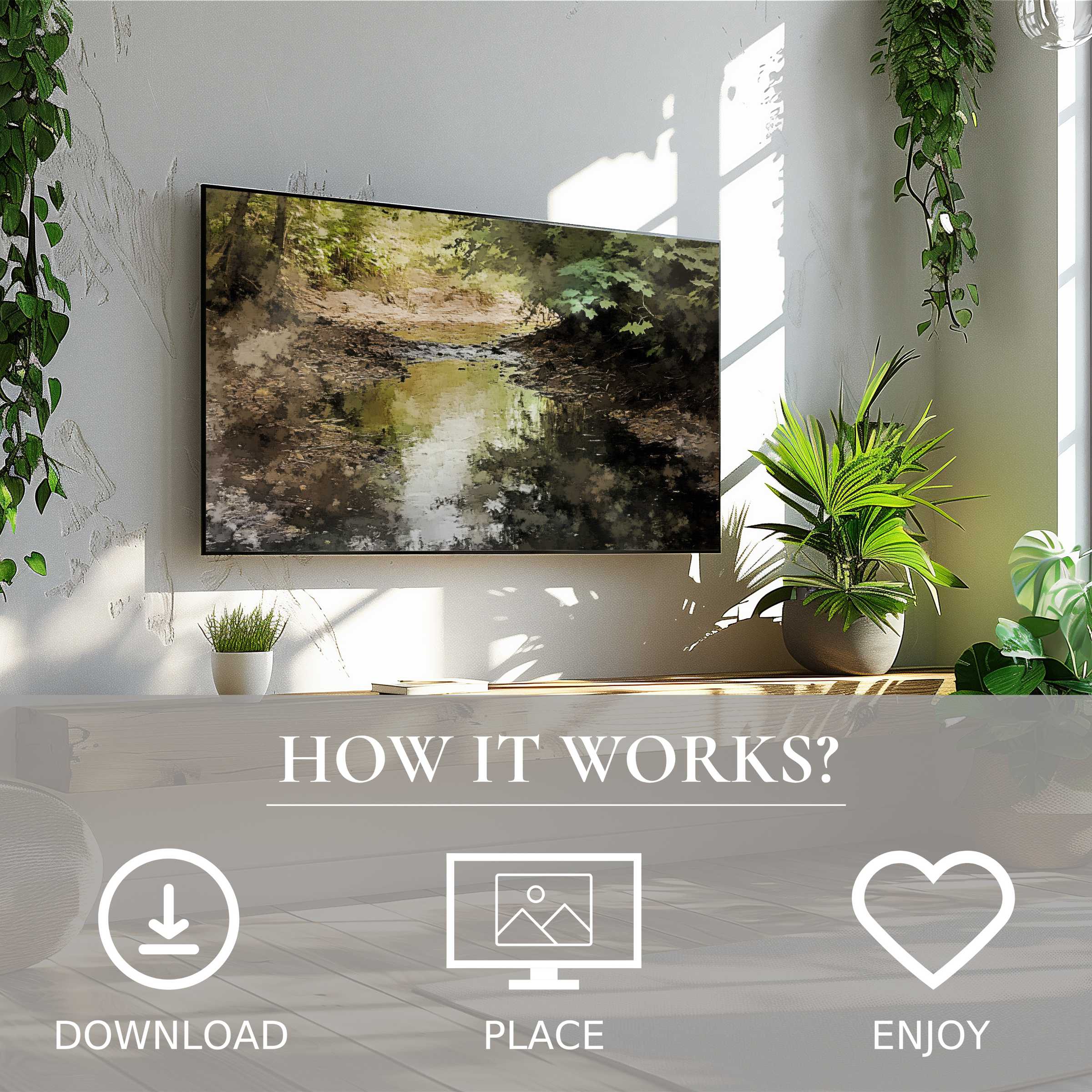 Vintage art for Samsung TV showing a serene forest creek; easy digital download enriches modern living spaces