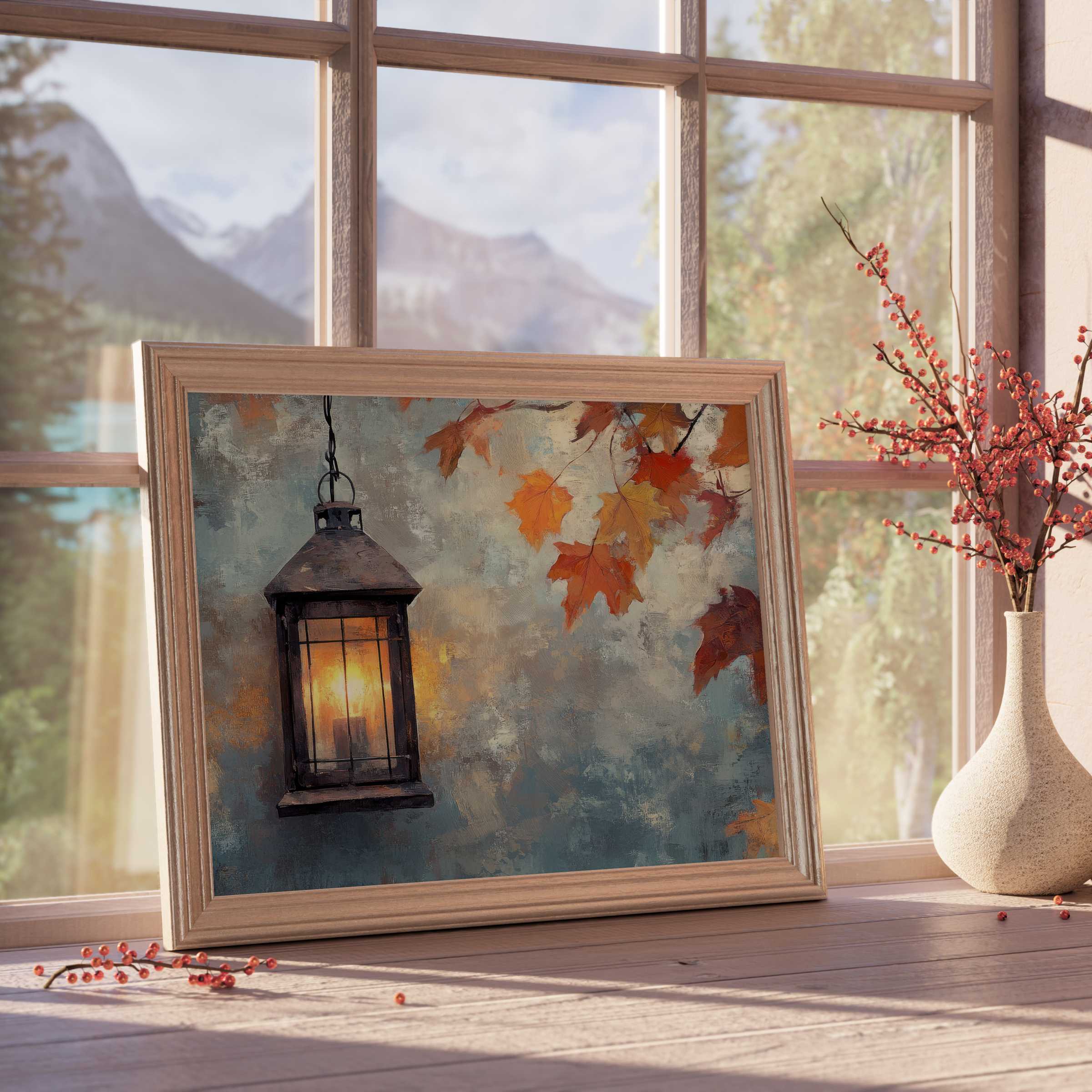 Farmhouse downloadable art of a glowing lantern and autumn leaves, evoking warm, tranquil vibes for curated rustic interiors