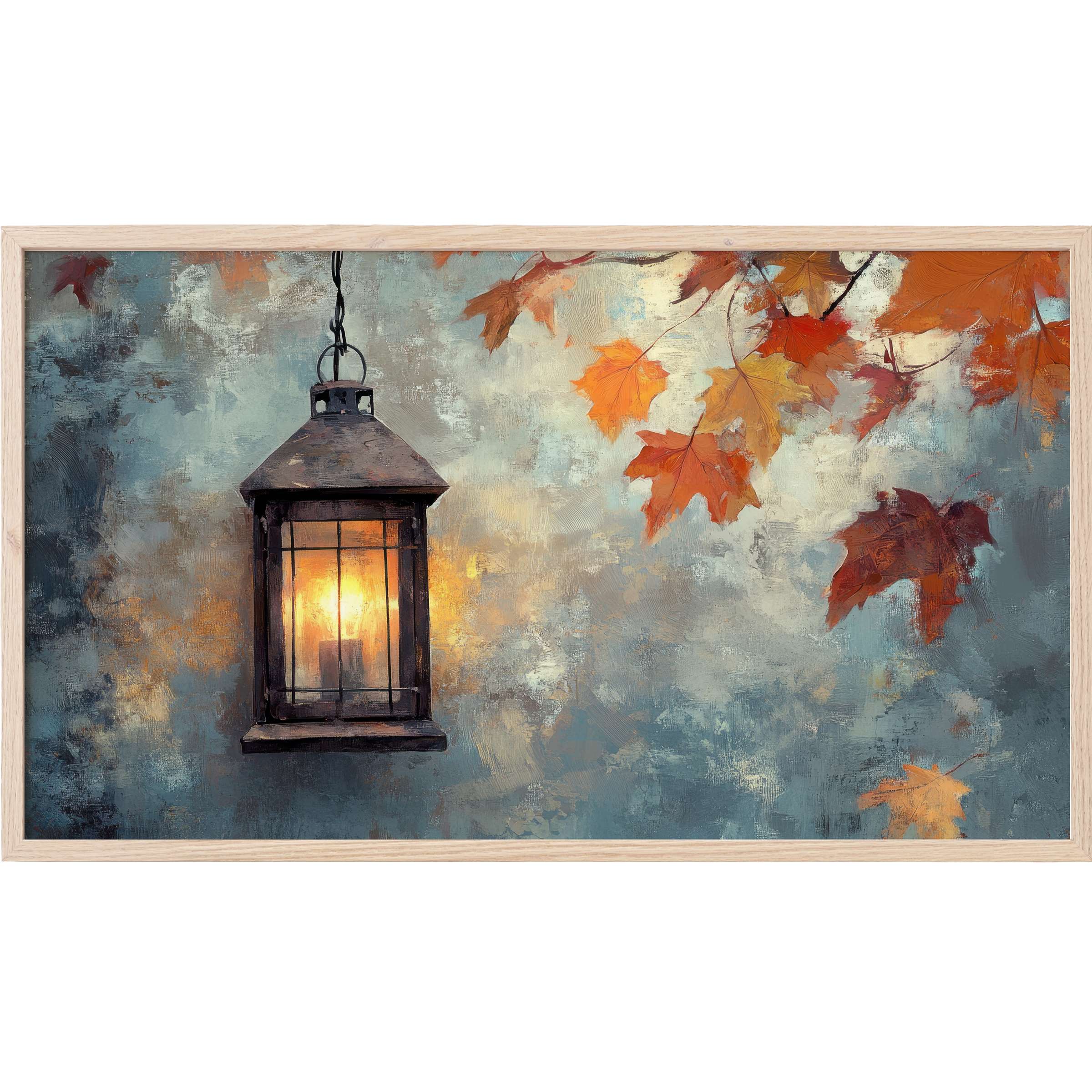 Farmhouse Frame TV Art with warm glowing lantern and autumn leaves in soft blues and burnt oranges