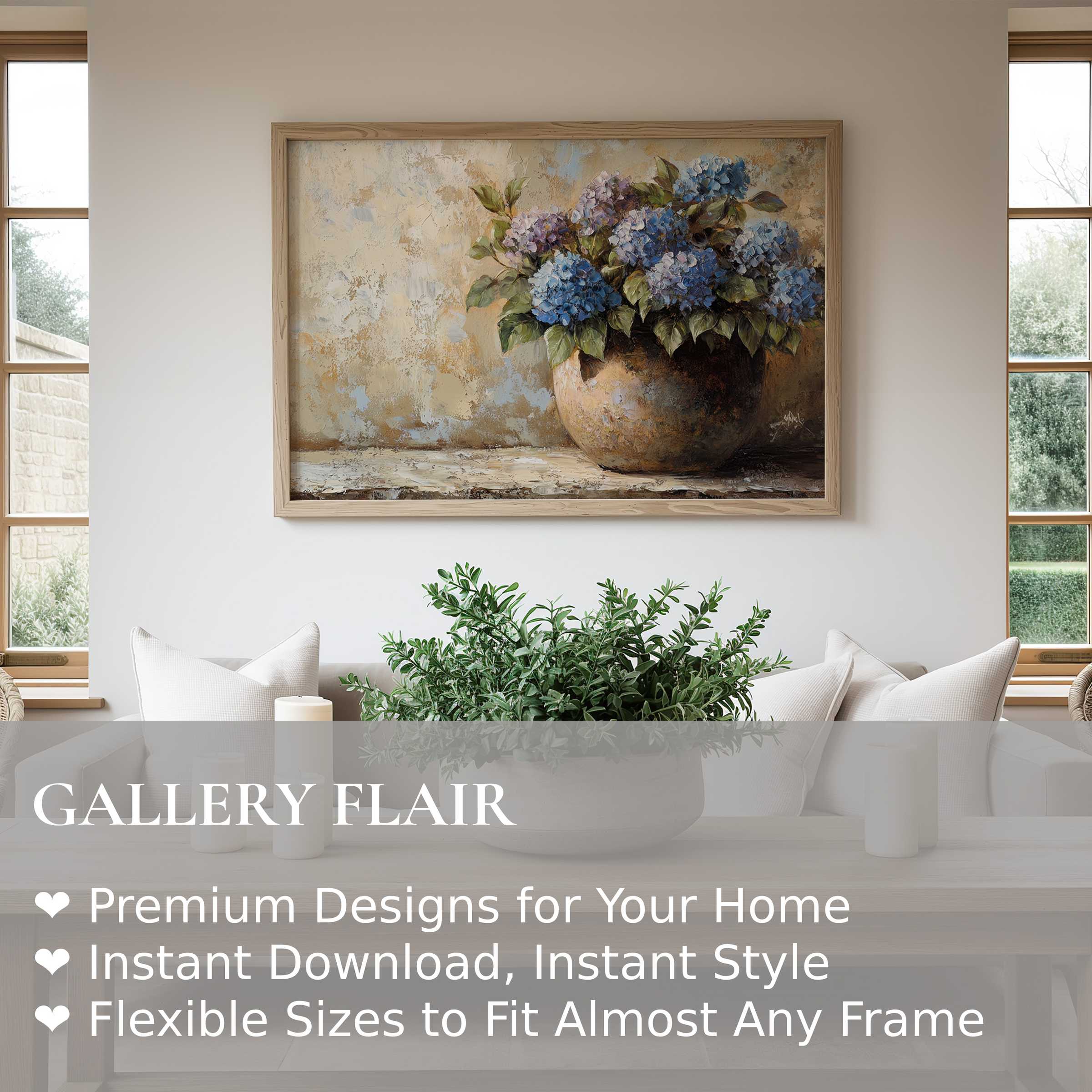 Rustic floral wall art print with soft blue hydrangeas in a textured vase, enriching a calm, modern farmhouse living room with timeless elegance