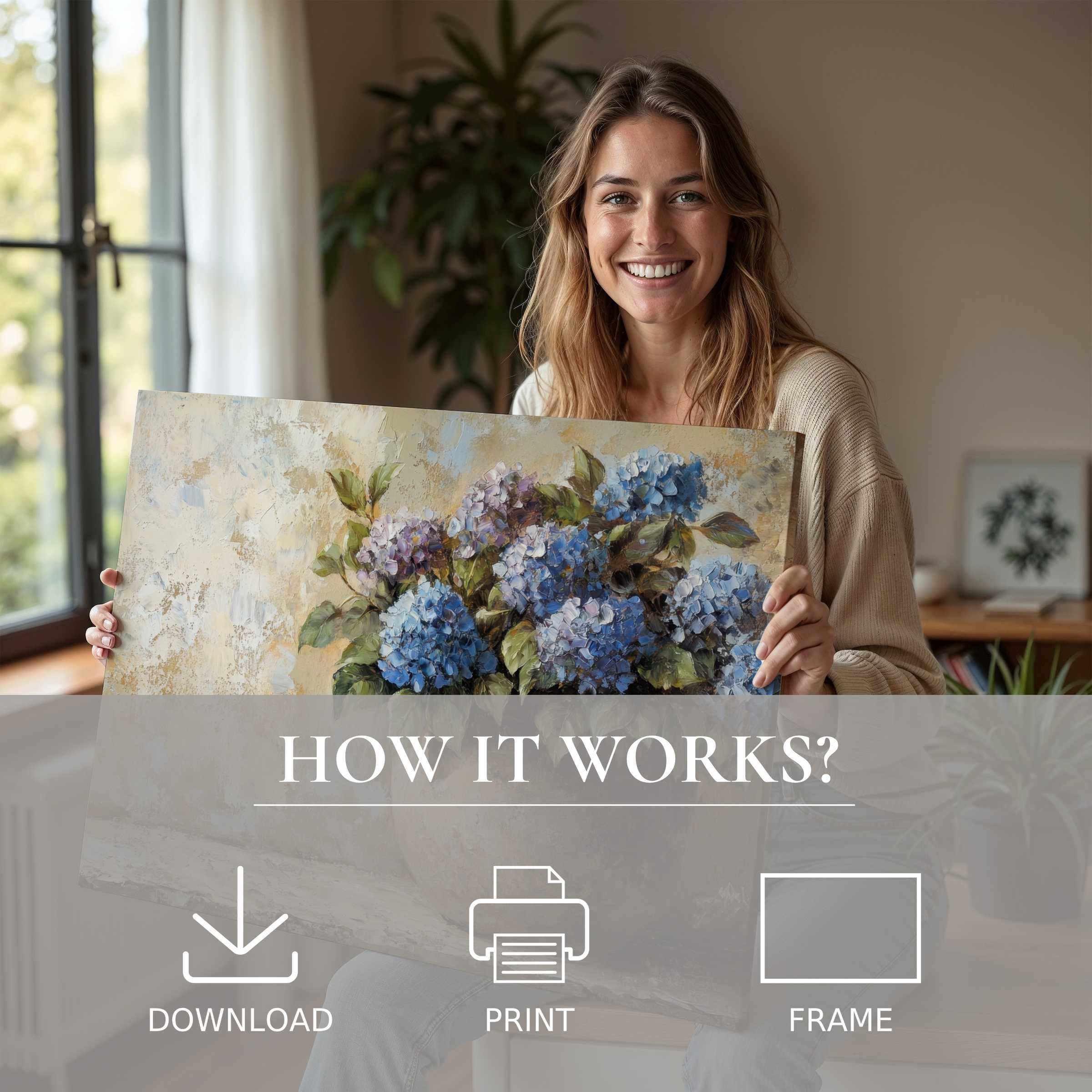 A serene moment of joy unveiling a floral digital art print that enriches modern living with effortless elegance