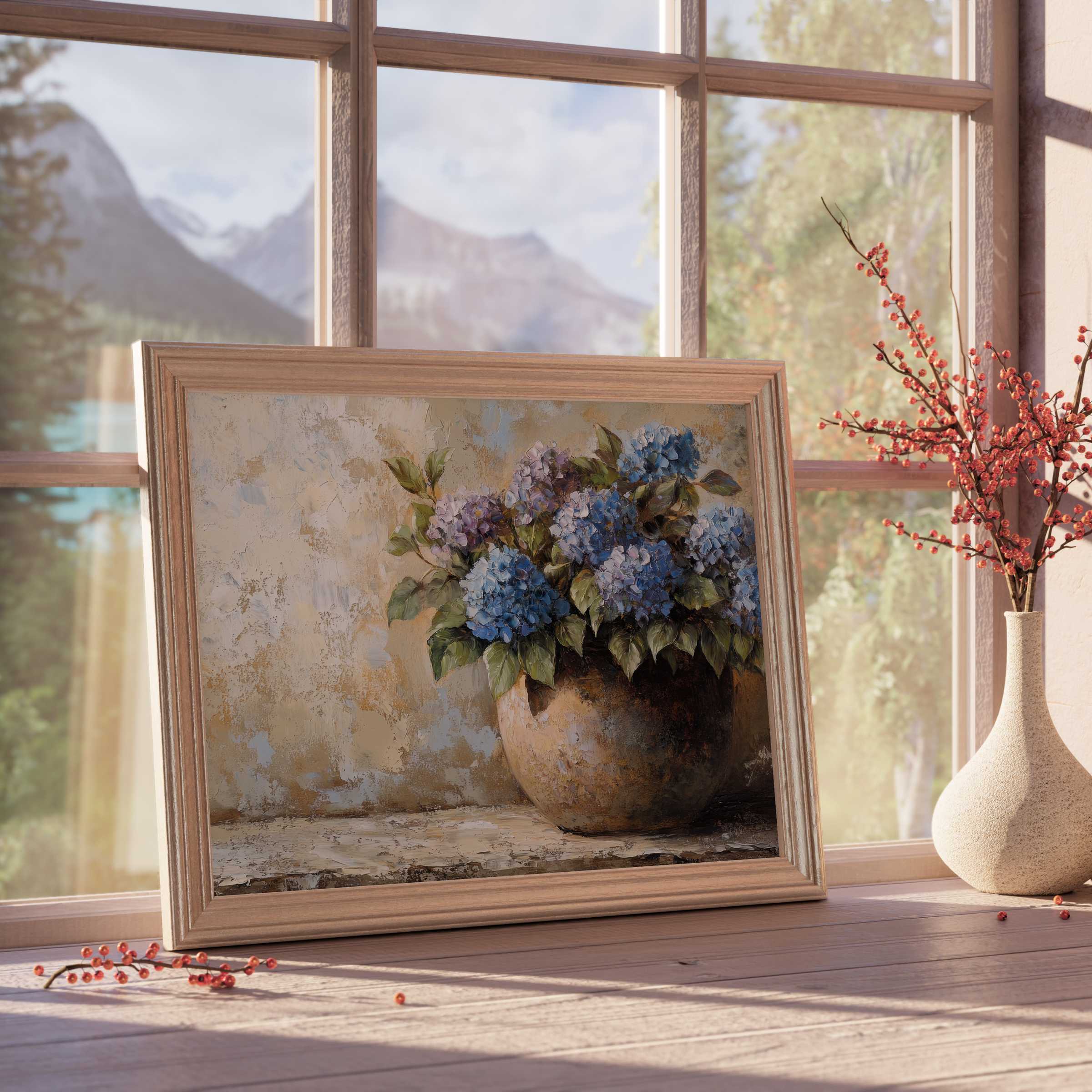 Timeless floral downloadable art featuring serene hydrangeas in rustic pottery, perfect for elevating tranquil, curated interiors