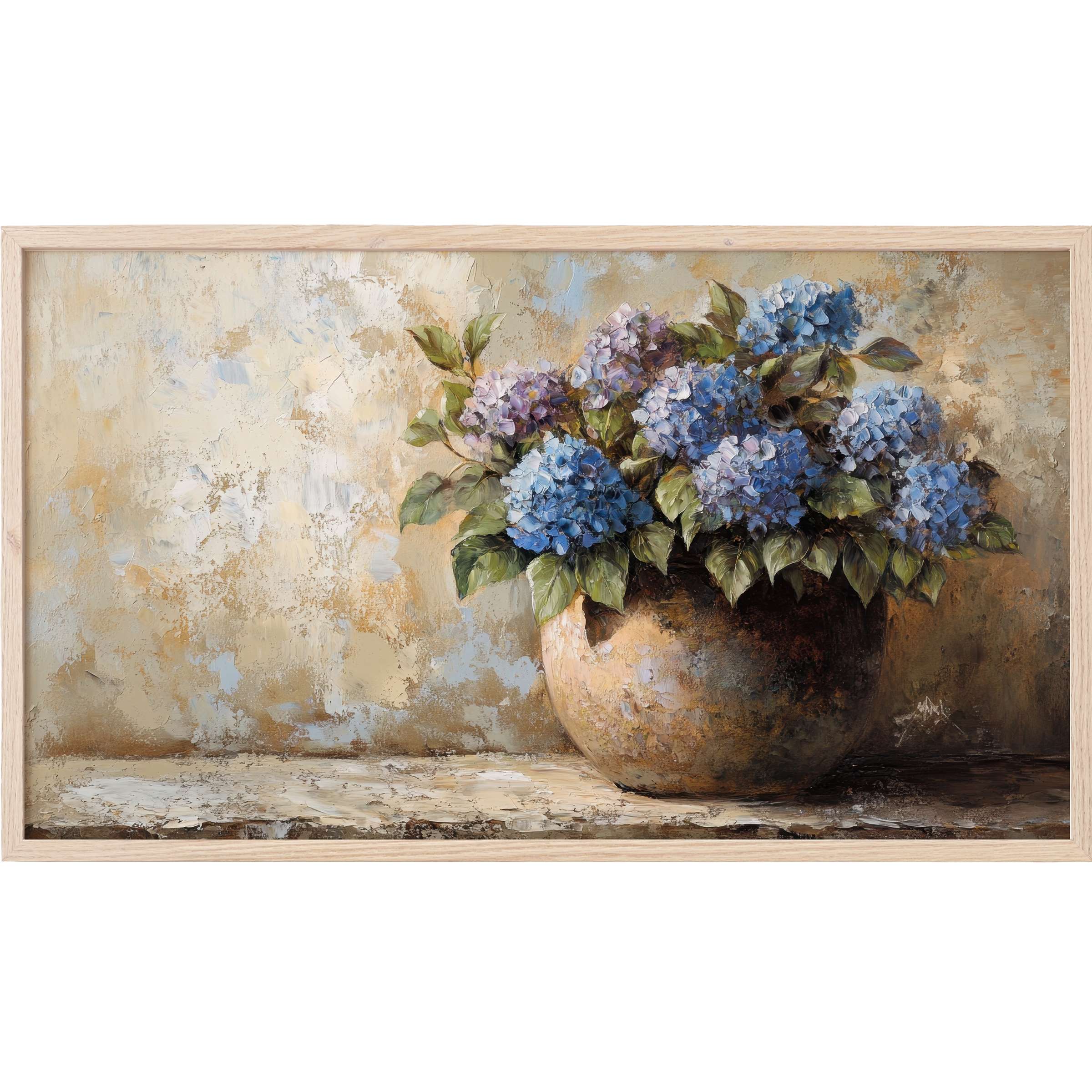 Floral Frame TV Art with textured, earthy pot and lush blue hydrangeas in soft beige and muted tones