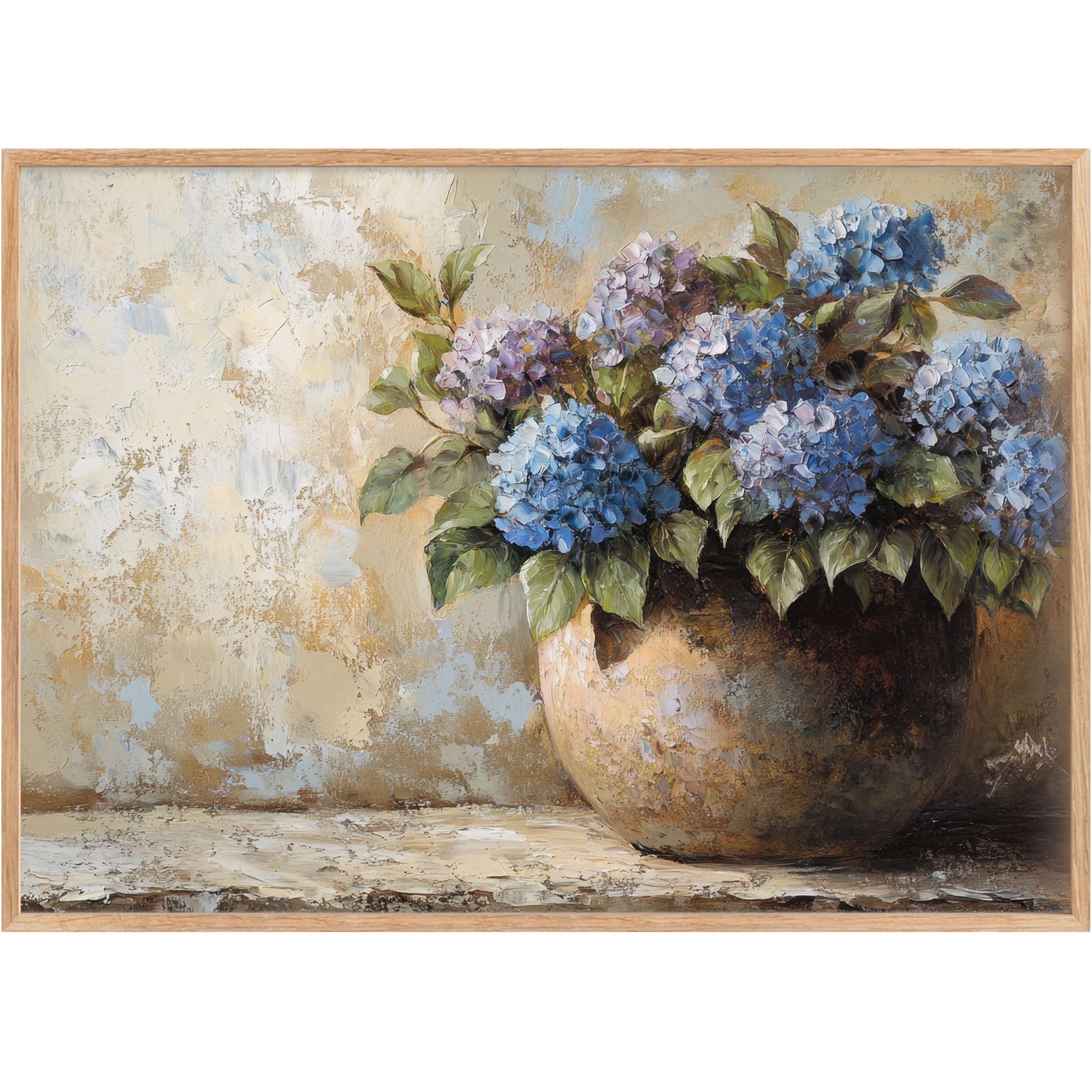 Elegant floral printable wall art features lush blue and lavender hydrangeas, exuding a calming, timeless ambiance with rustic beige and earthy tones