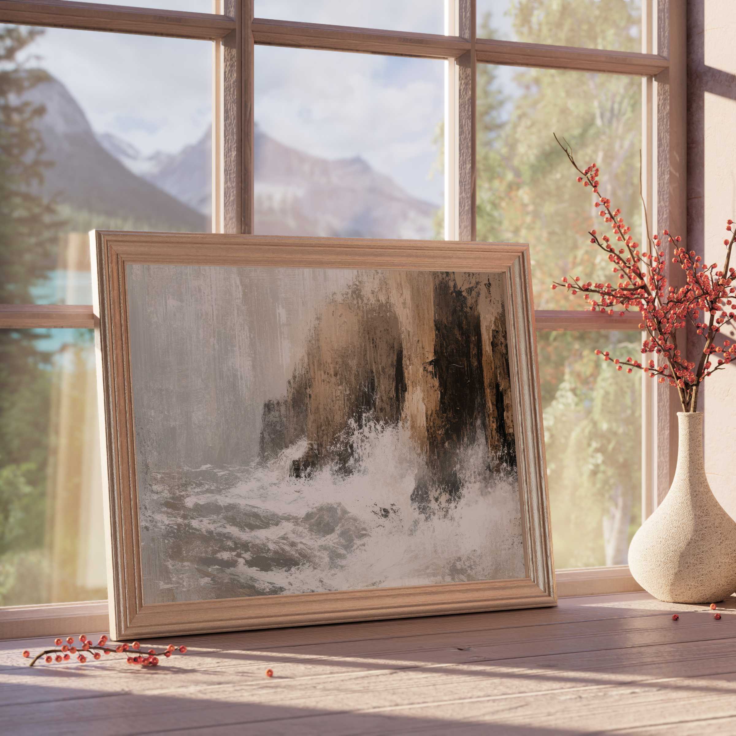 Coastal downloadable art capturing powerful waves in serene earth tones, perfect for elevating tranquil, curated home interiors