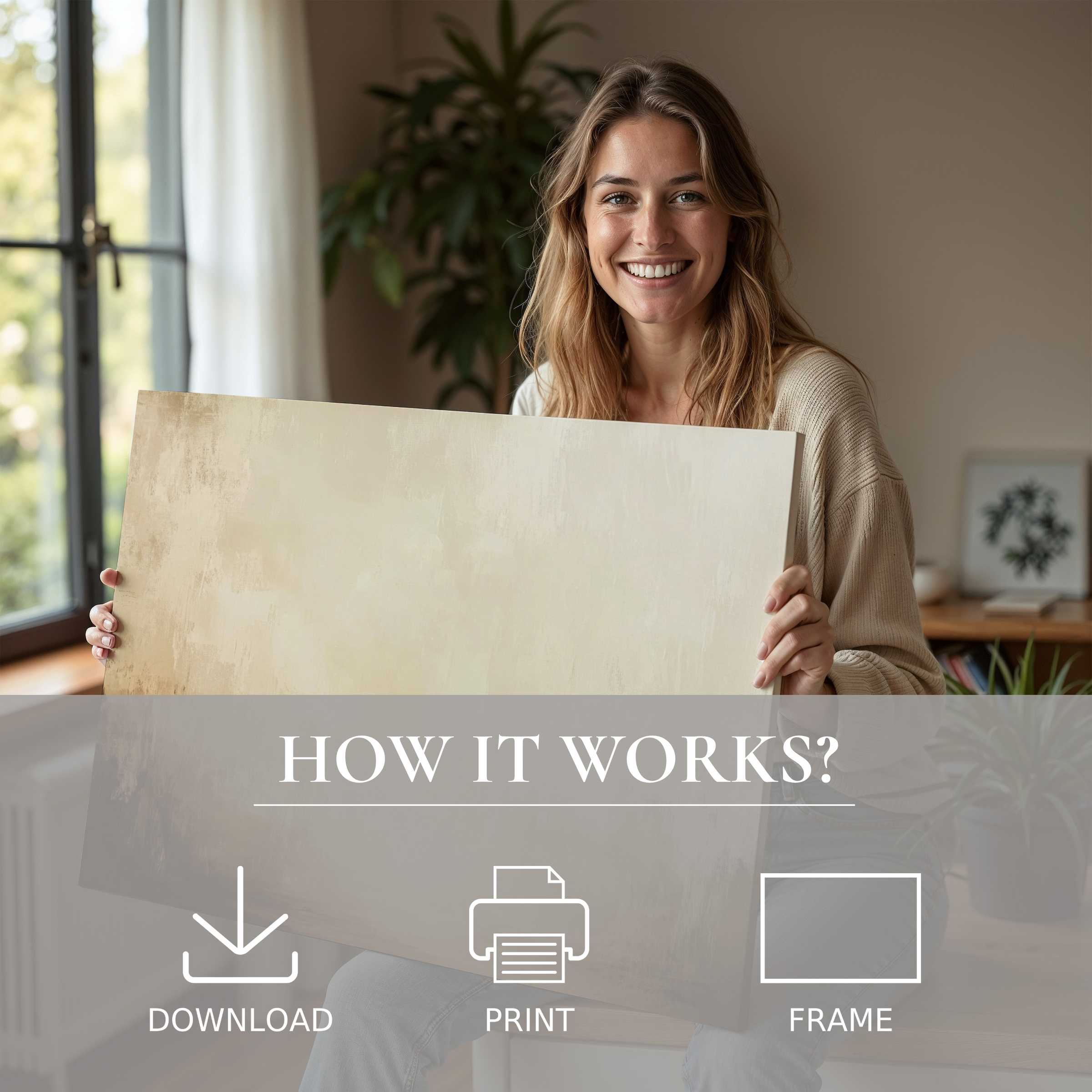 A woman in a serene modern home cherishes the effortless joy of a landscape digital art print, embracing art’s calming presence
