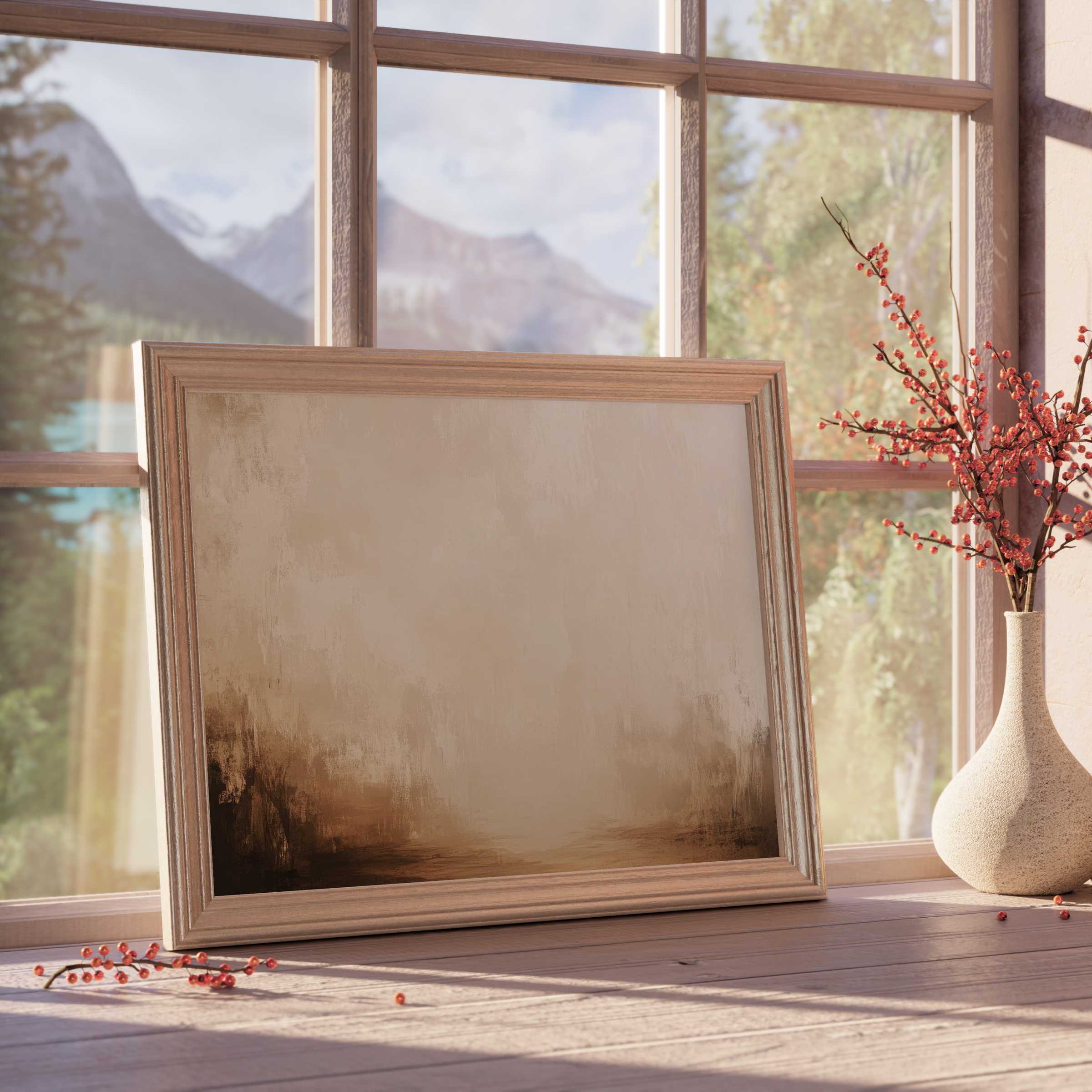 Tranquil landscape downloadable art with moody earth tones, framed to elevate serene, refined interiors and nature-inspired home decor
