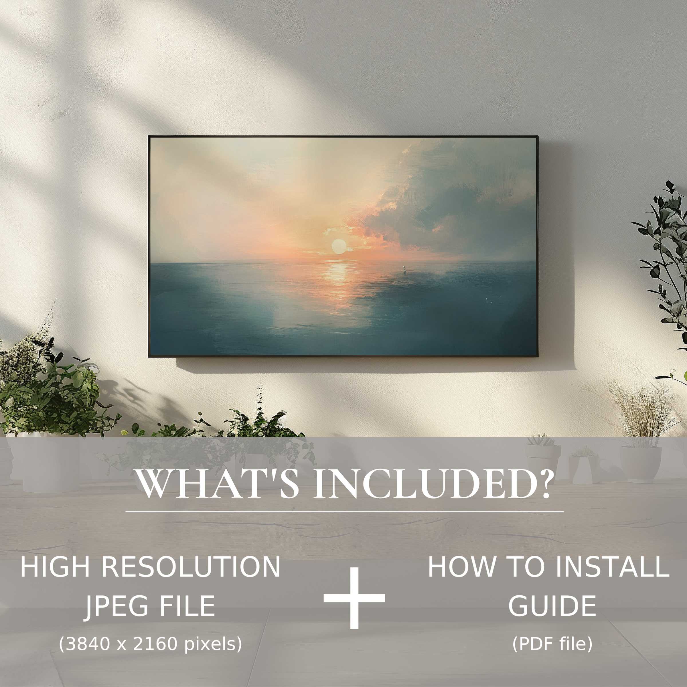 Elegant summer digital TV art download showcasing a serene sunset, enhancing living spaces with effortless digital use