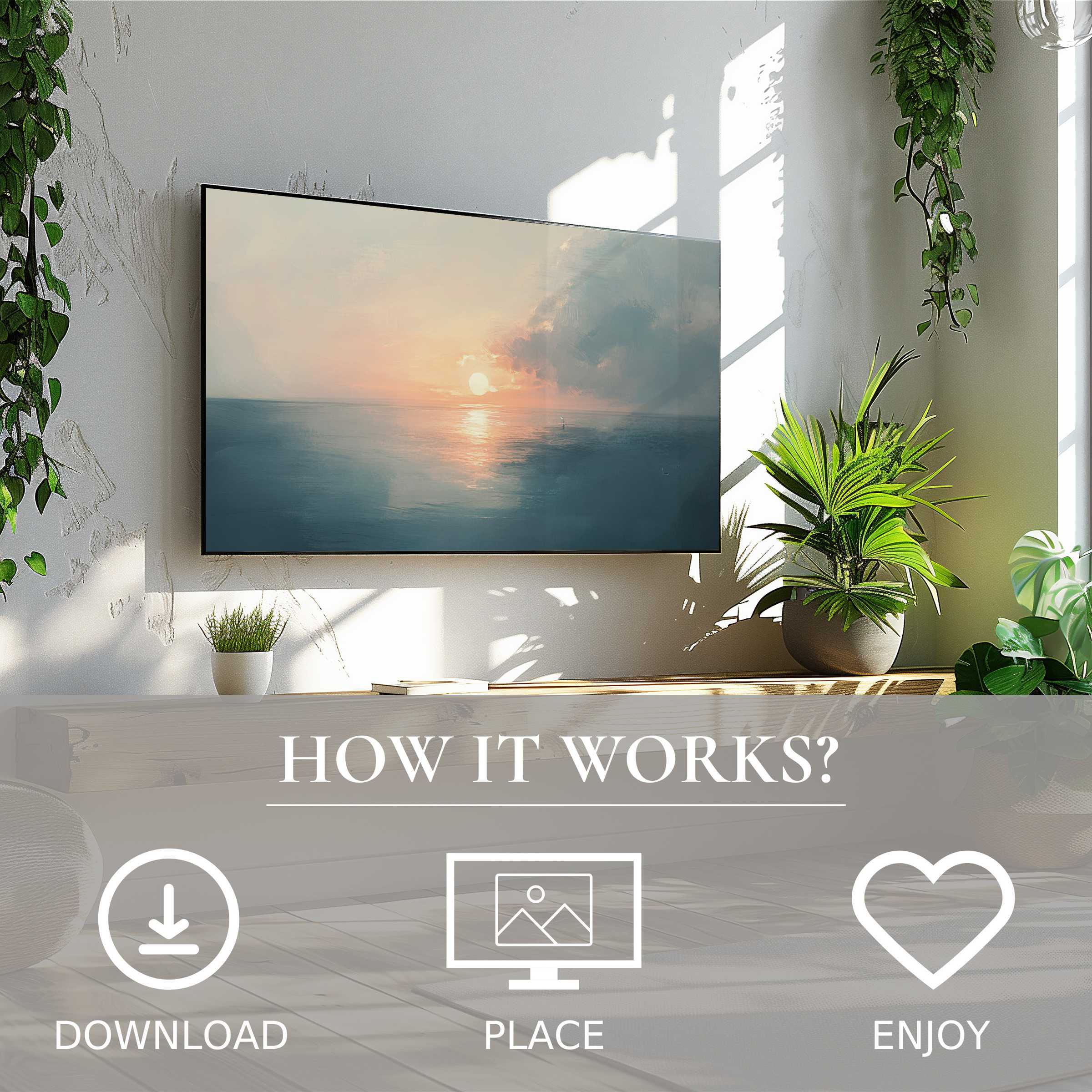 Summer art for Samsung TV showing soft sunset tones, easy digital download, enriching bright modern living spaces