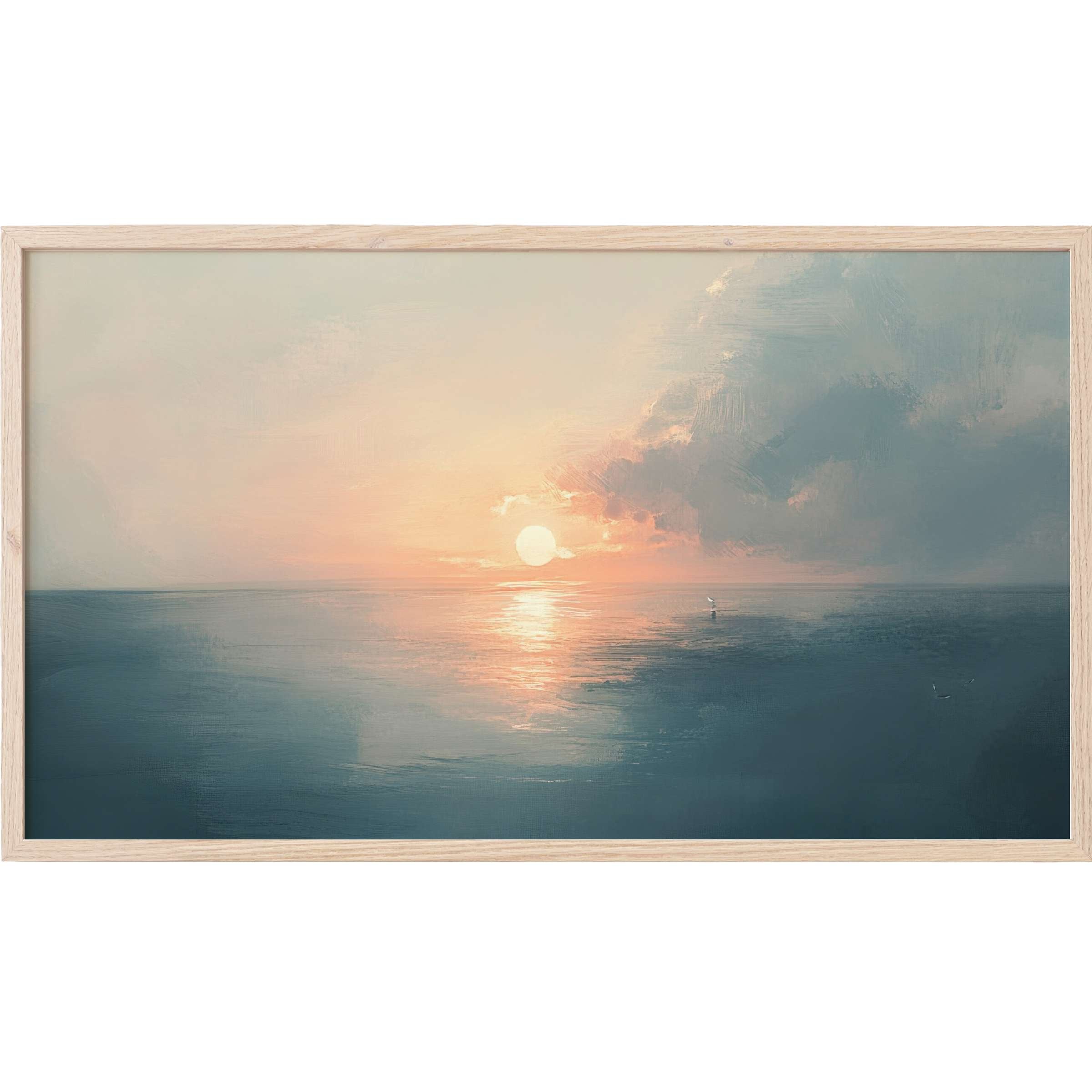 Summer Frame TV Art showing a serene ocean sunset in soft blues and warm peach, with a modern, elegant style