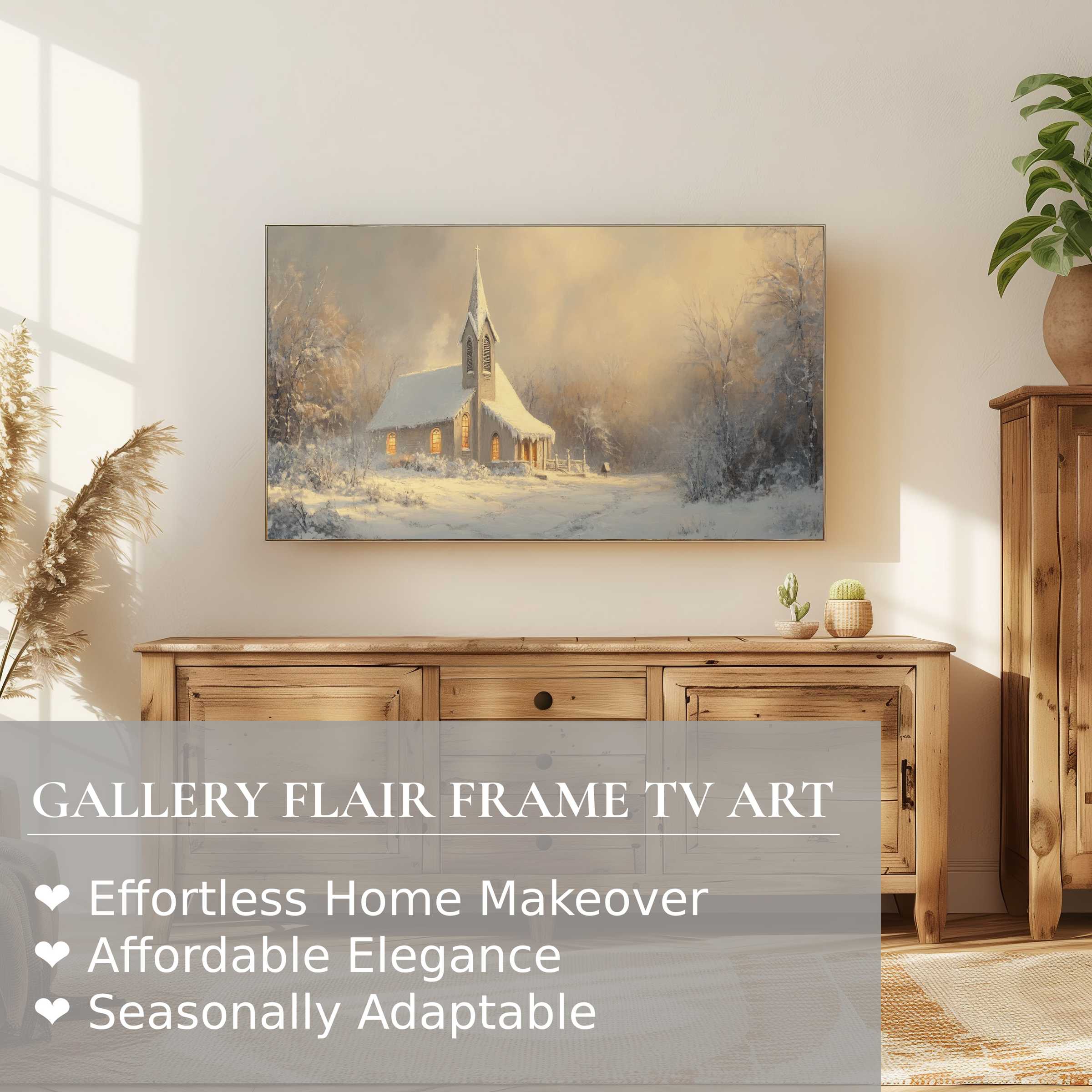 Samsung Frame TV displays serene christmas digital artwork of a snowy church in a warm, elegant living space