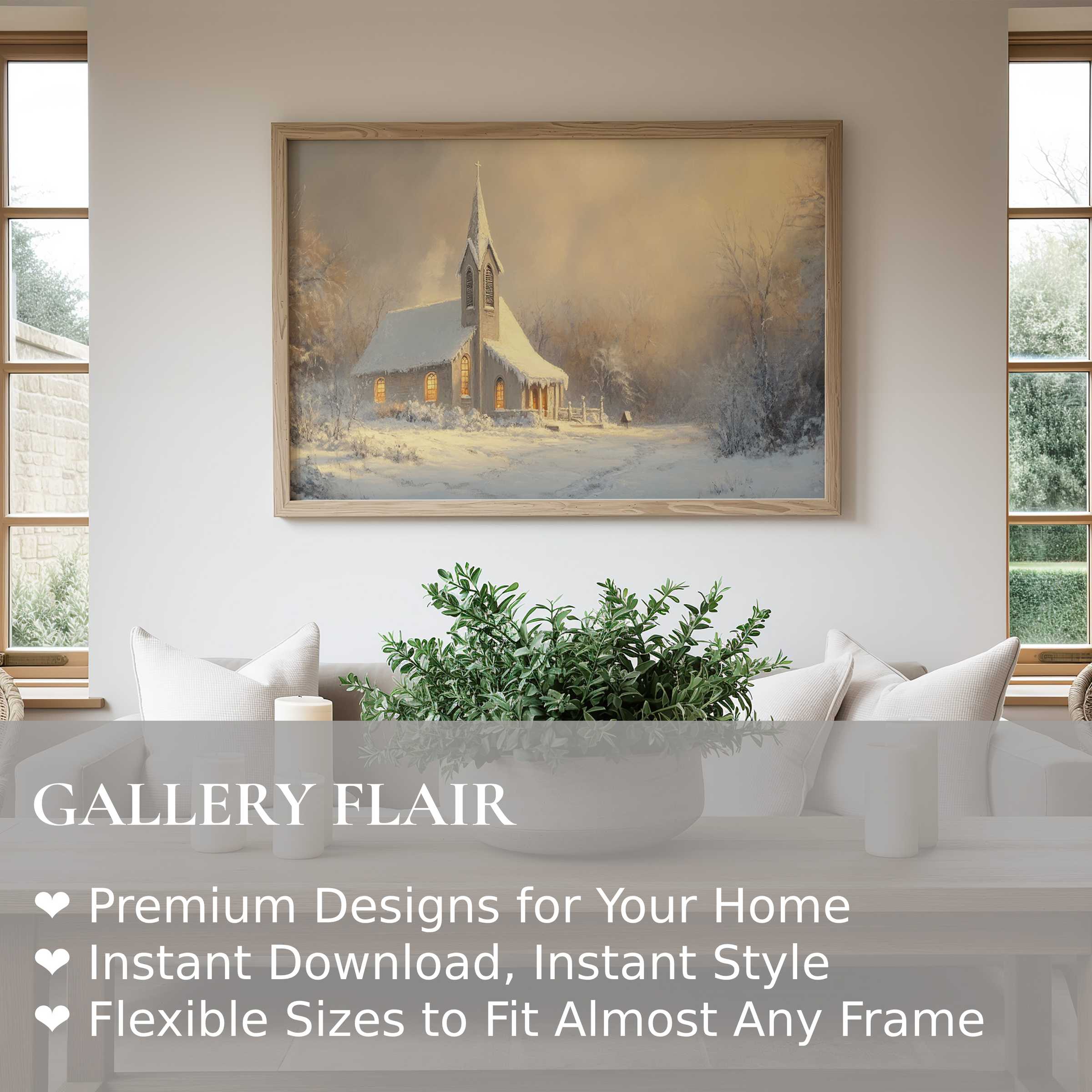 Christmas wall art print capturing a serene snow-covered chapel bathed in warm light, elevating modern farmhouse interiors with cozy elegance and festive charm