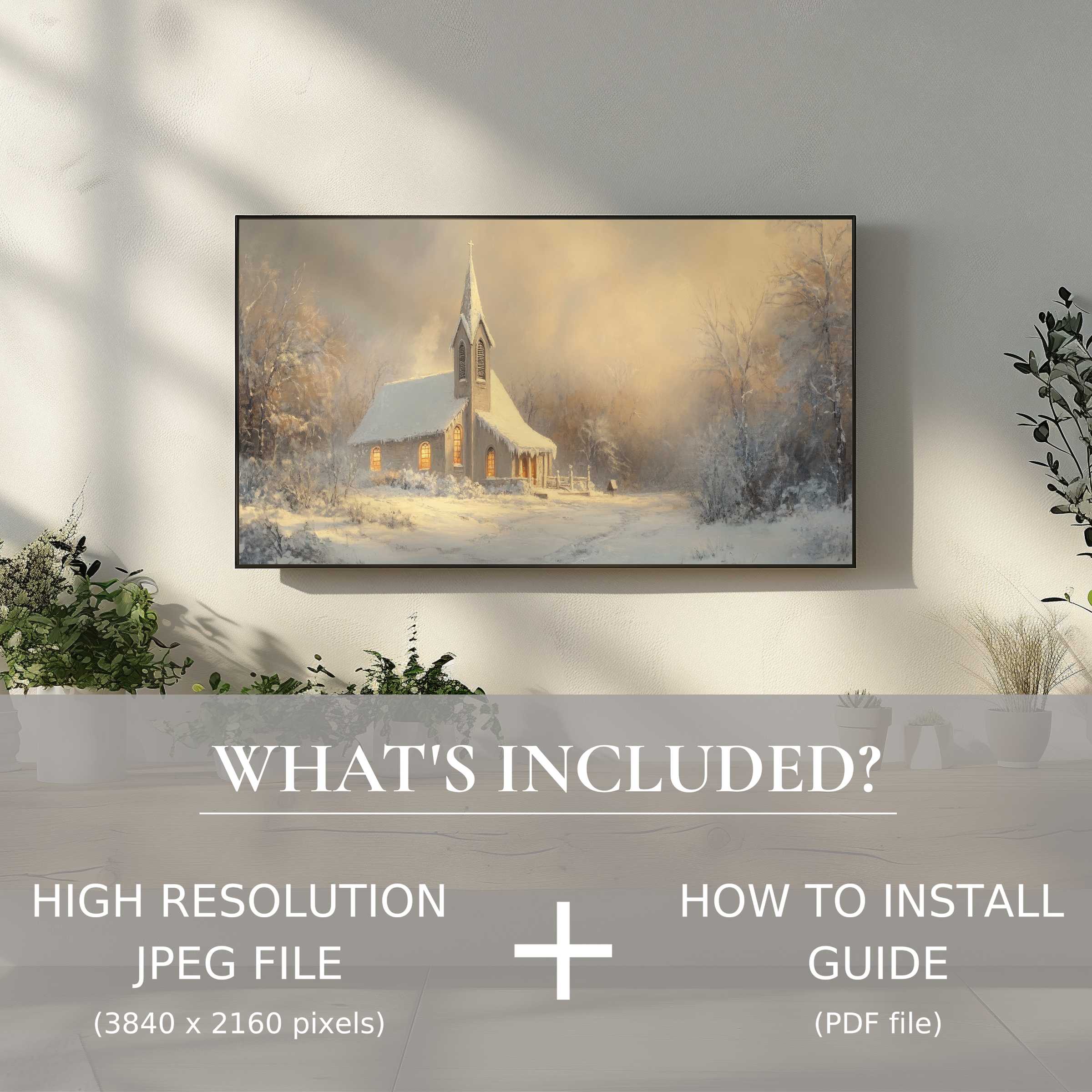 Elegant Christmas digital TV art download with serene winter church scene, easy to use, enhances stylish living spaces digitally