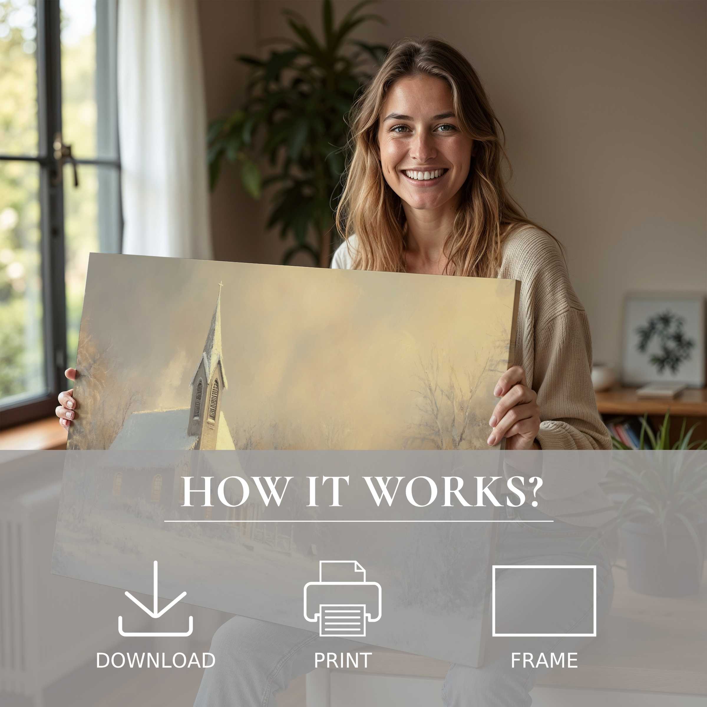 Woman radiates warmth and joy in a modern home, holding a Christmas digital art print that invites serene holiday connection