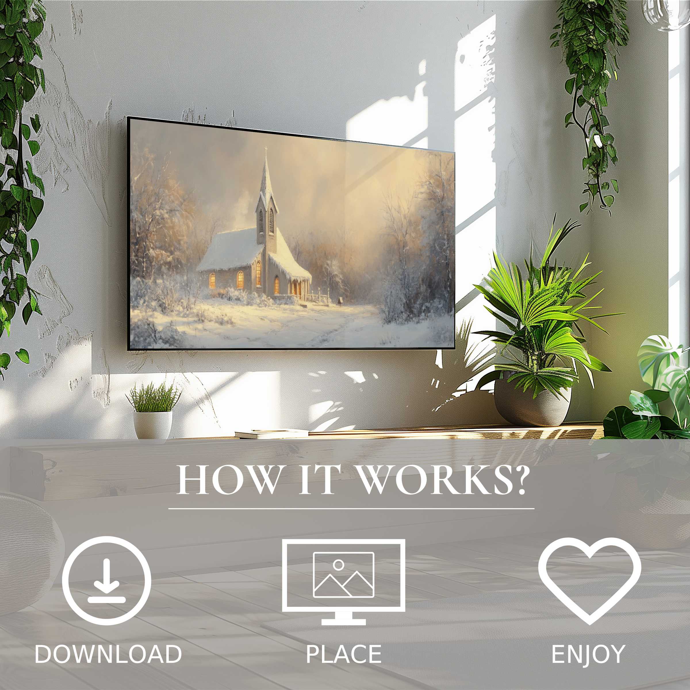 Modern living room with christmas art for Samsung TV featuring soft sunset tones; easy digital download enriches space