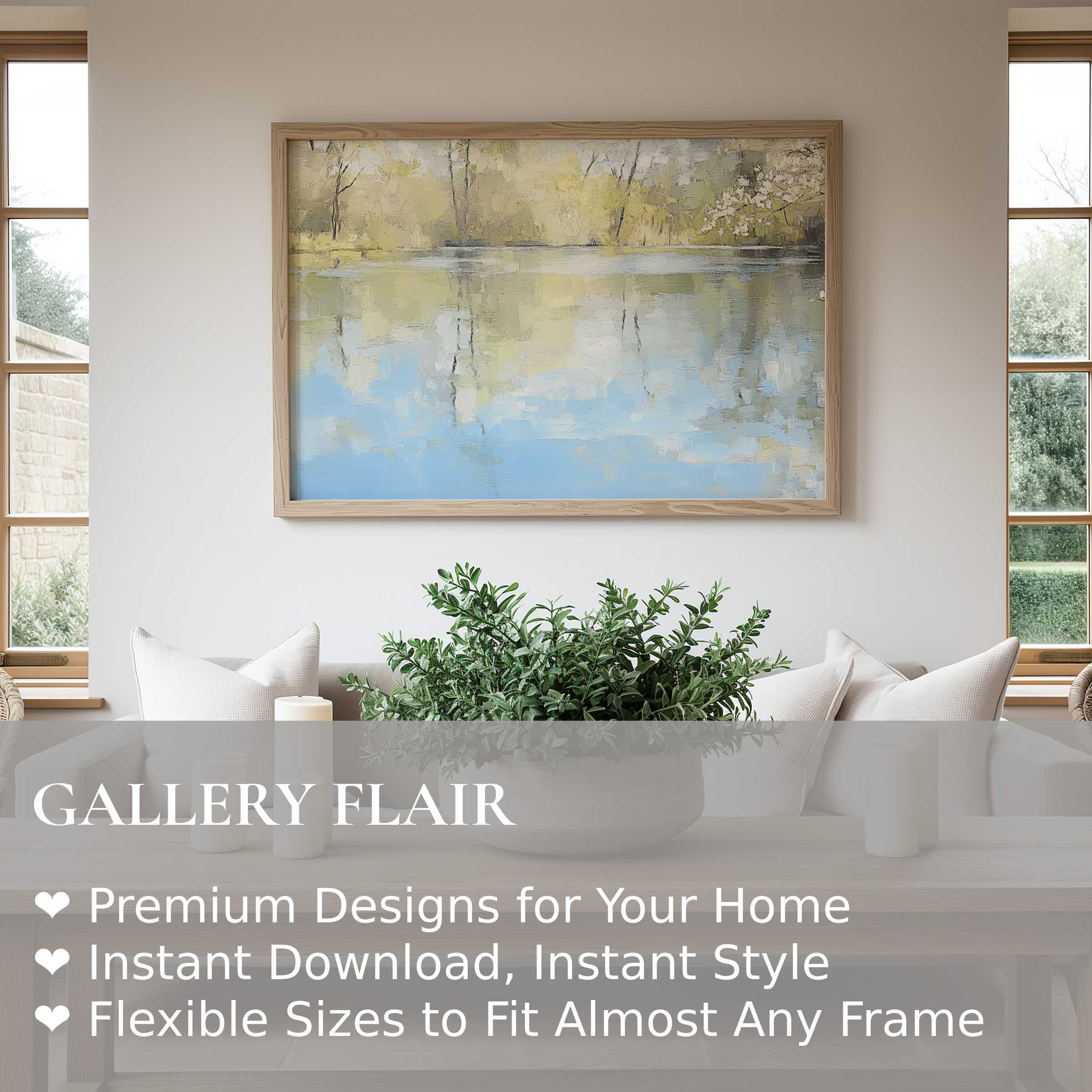 Spring wall art print capturing a serene lakeside reflection in soft pastels, perfect for modern minimalist interiors