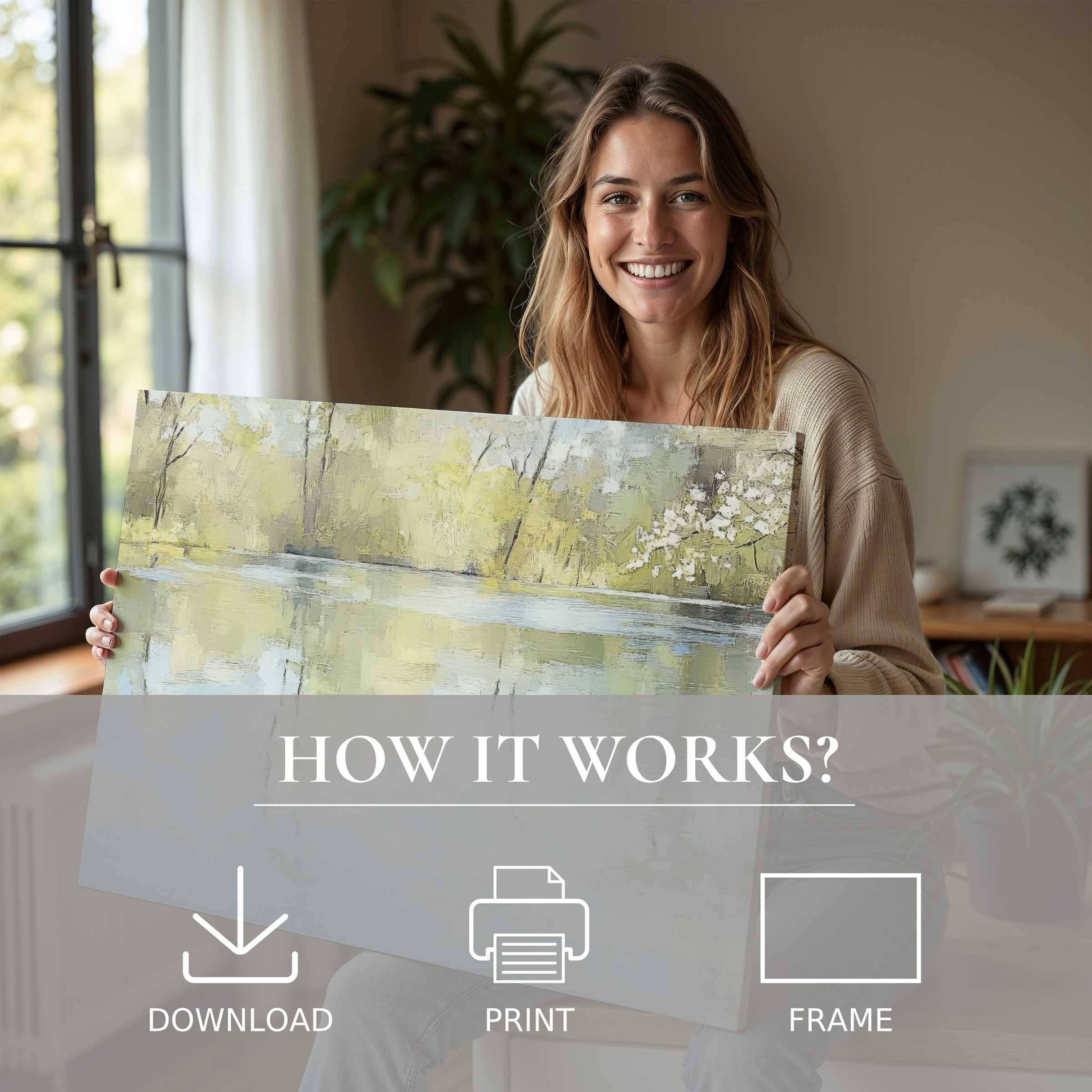 Joyful connection to spring digital art print in a serene modern home, embracing effortless beauty through art