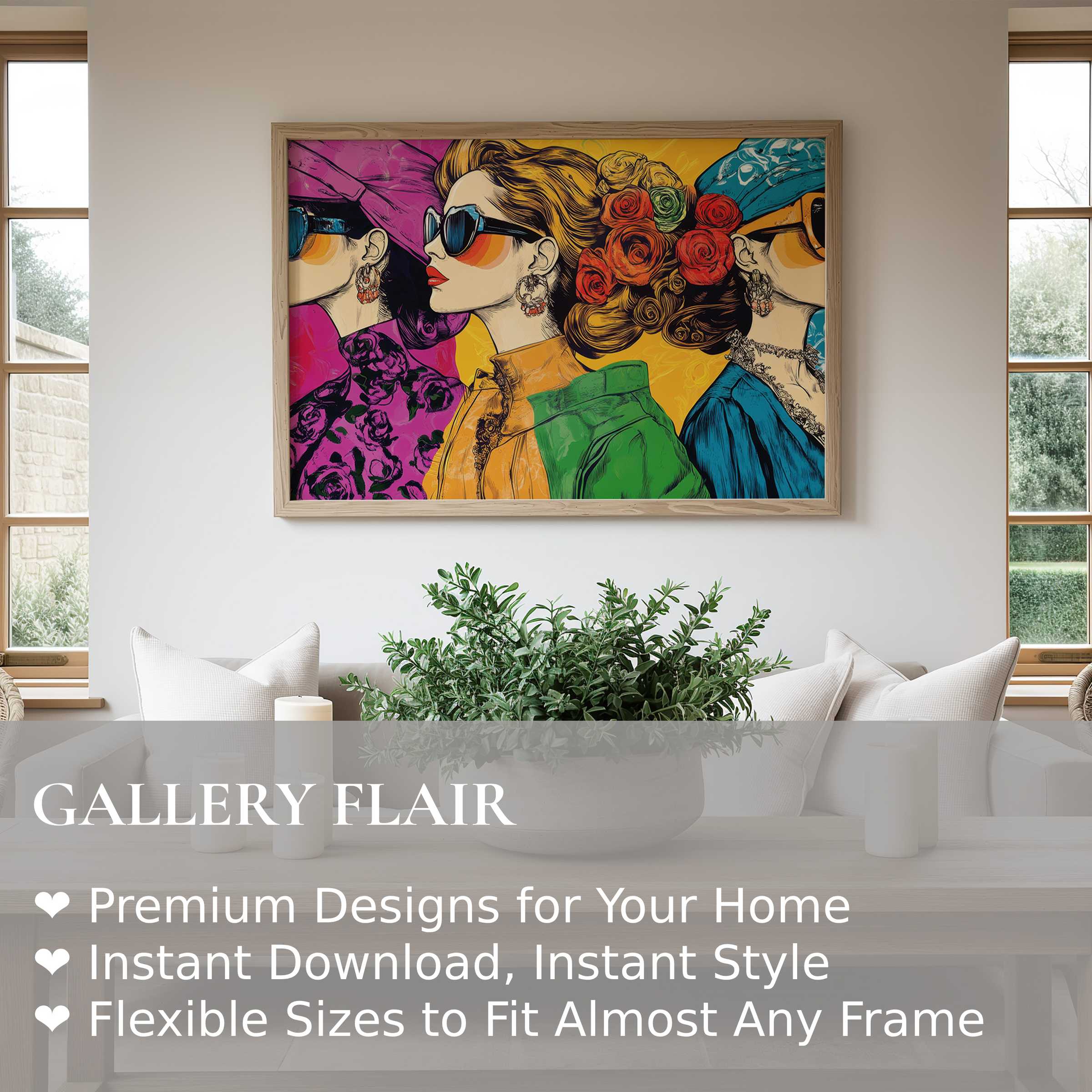 Vibrant pop art wall art print depicting stylish women in bold hues, enhancing modern living spaces with dynamic, sophisticated gallery flair