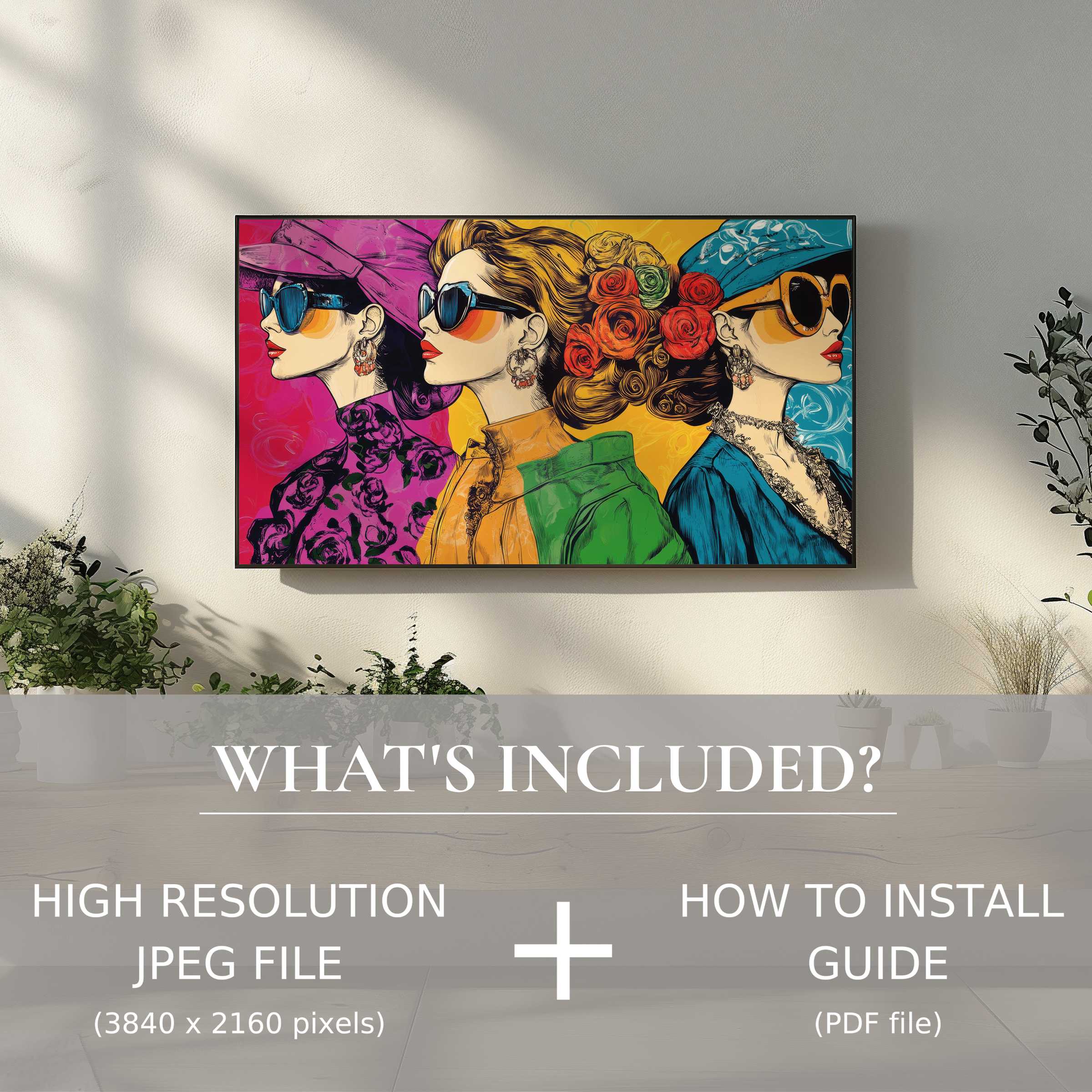 Chic living space with vibrant pop art digital TV art download, easy digital use, elevating modern home decor effortlessly