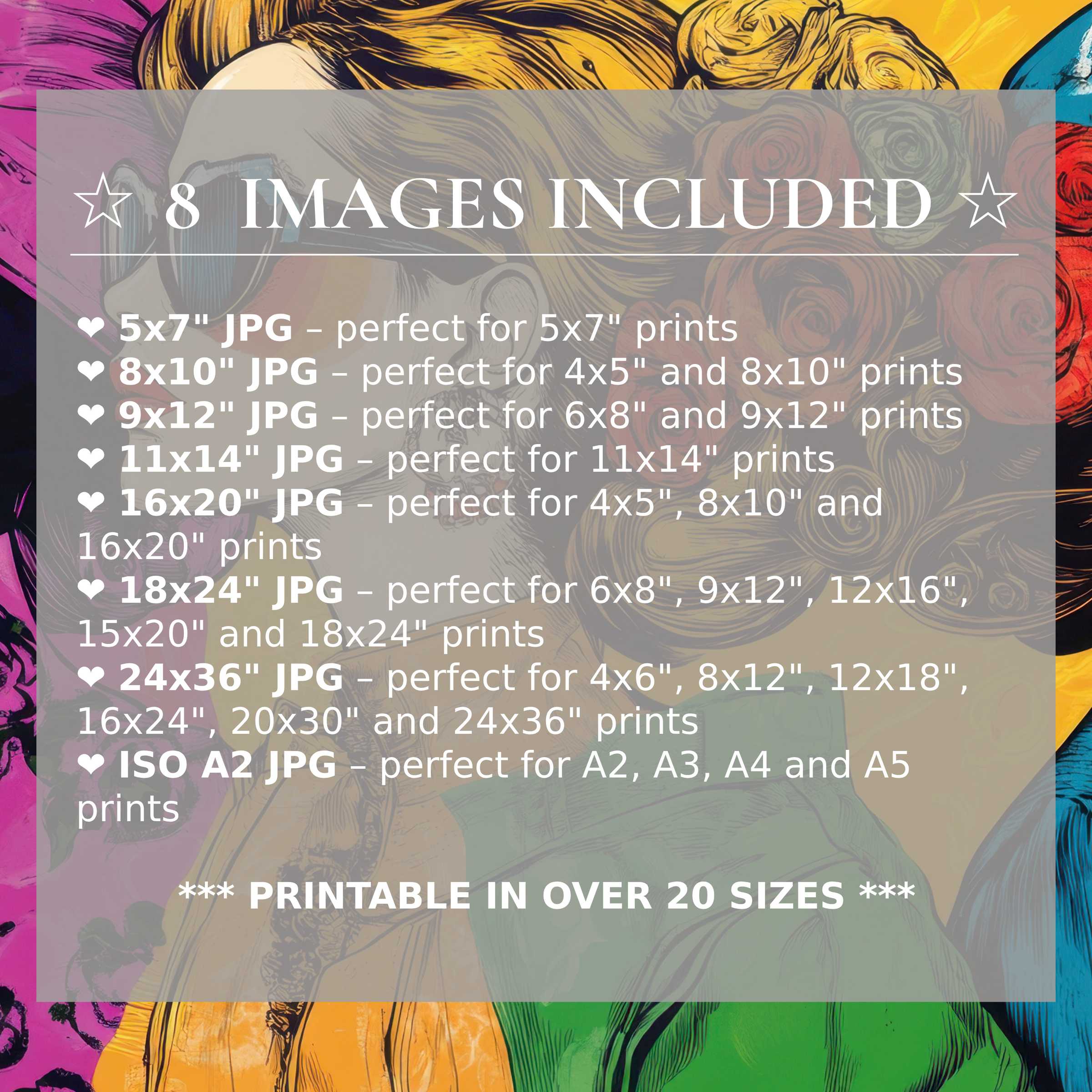 Radiant pop art digital print with bold pink, yellow, and blue hues, delivering vibrant style and flexibility in 8 high-quality sizes