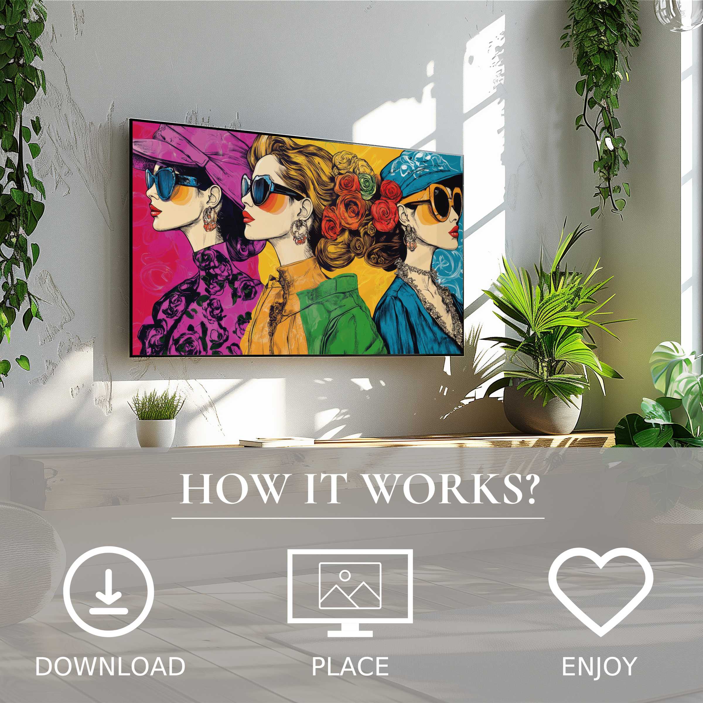 Pop art art for Samsung TV with vibrant women motif, easy digital download enriching modern living spaces with bold color flow