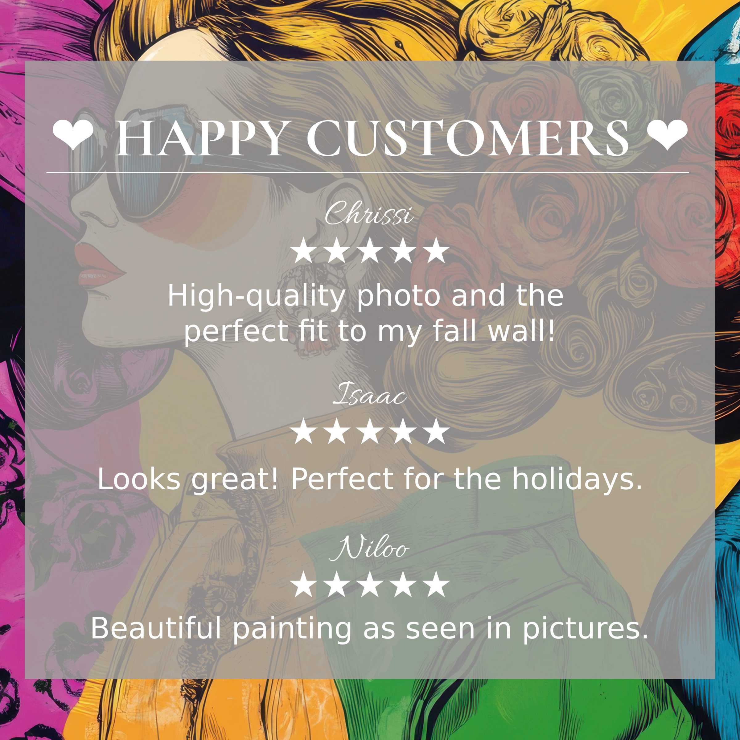 Pop art for Frame TV with vibrant abstract sunset hues, showcasing happy customer reviews and trusted elegant style