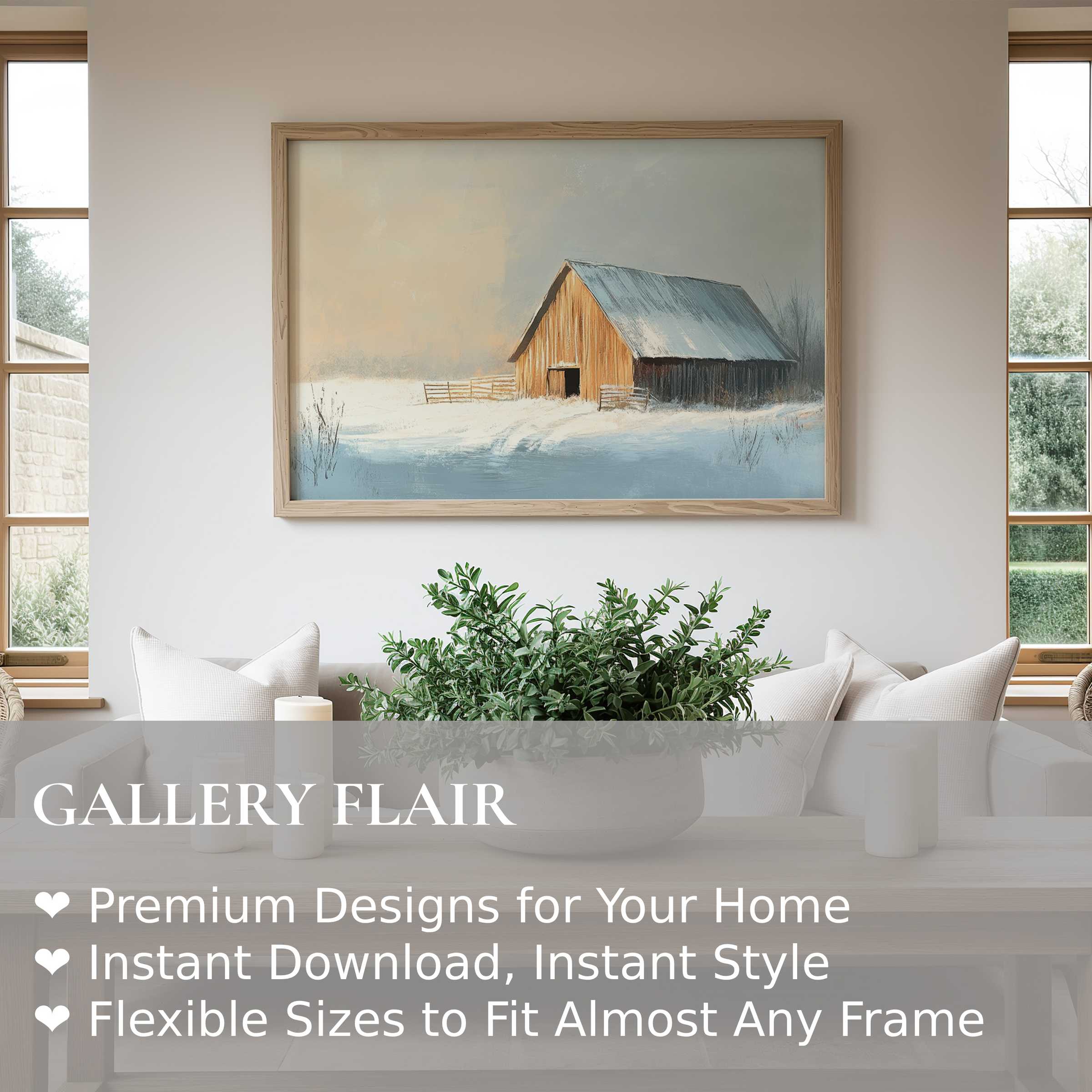Winter wall art print featuring a serene rustic barn scene, evoking calm and warmth in a modern farmhouse living room